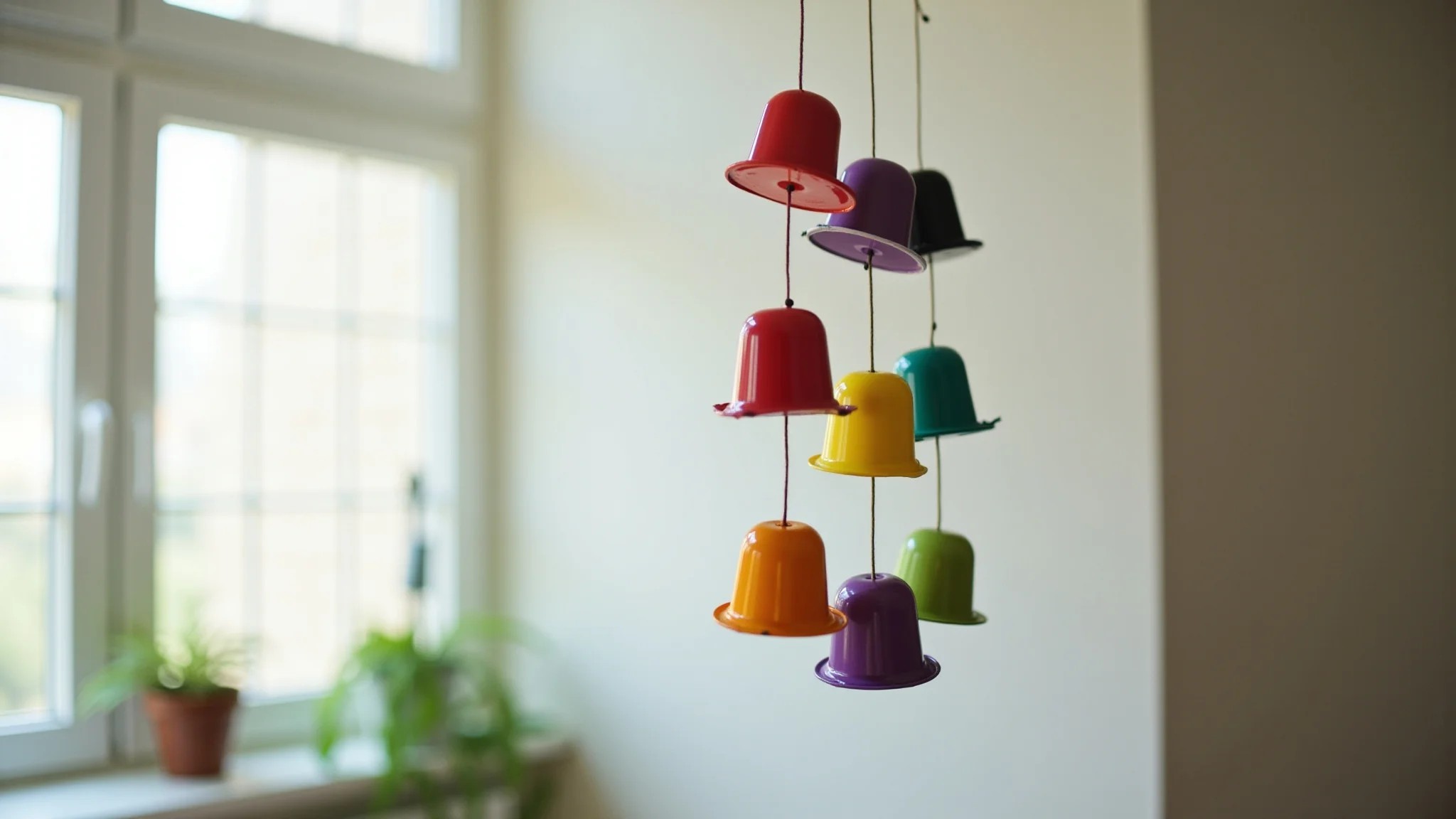 Móbile artesanal feito de cápsulas de café coloridas pendurado em quarto iluminado.