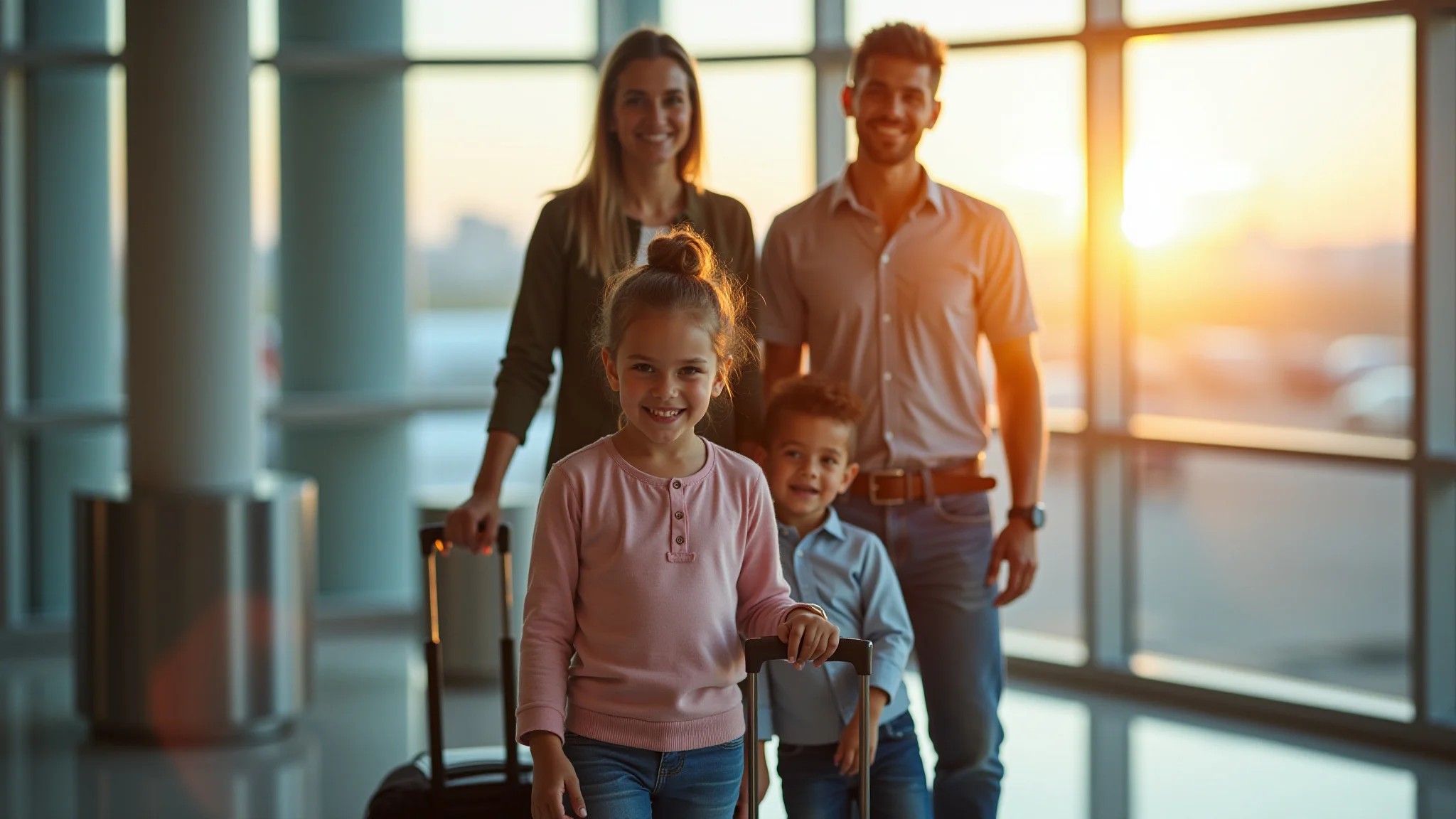 Família brasileira feliz no portão de embarque do aeroporto, pronta para embarcar.