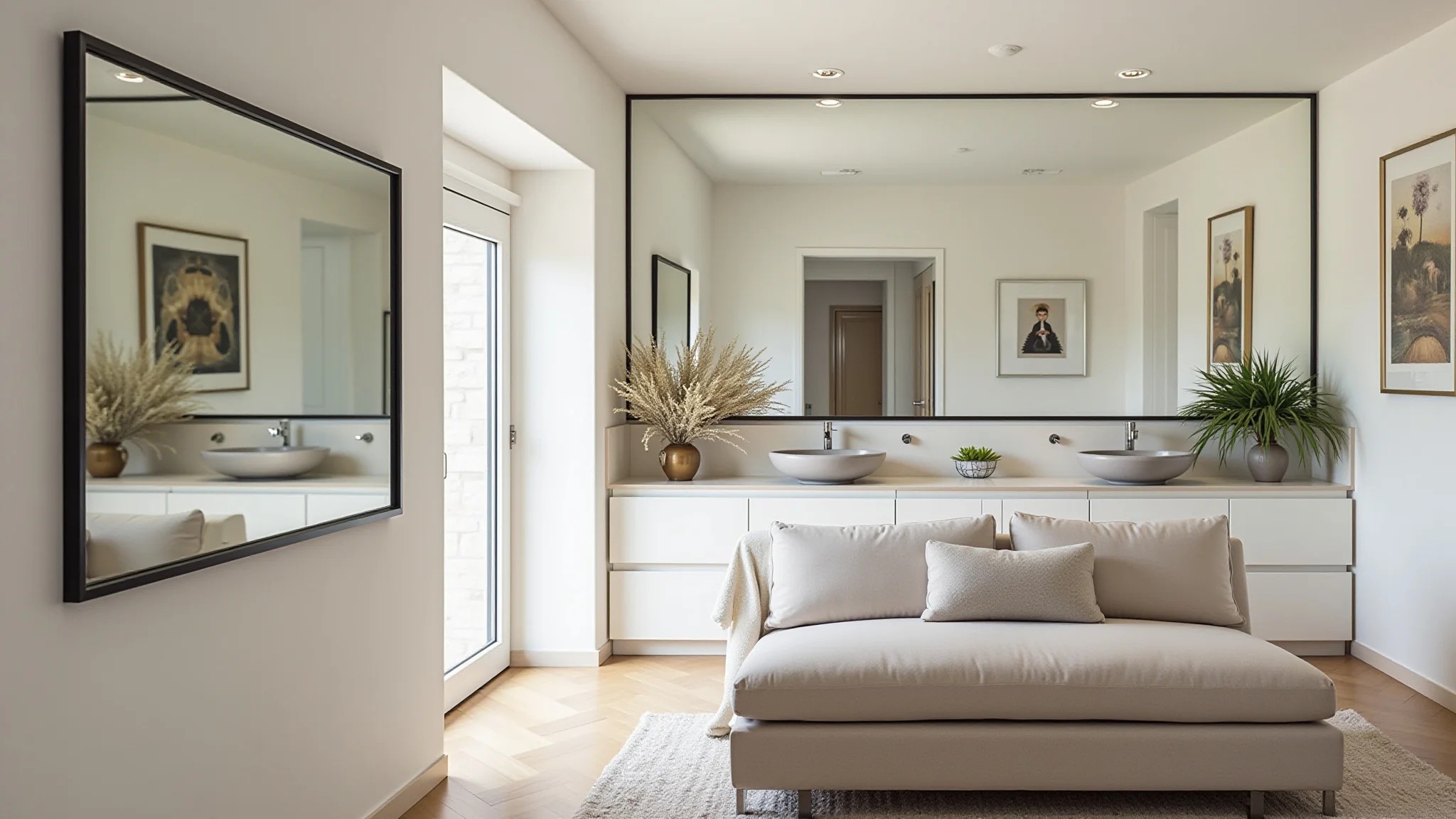 Interior com espelhos posicionados para ampliar a luz e o espaço, seguindo o Feng Shui.