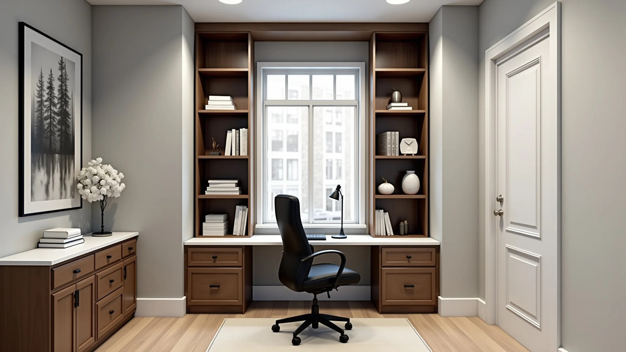 Home office com organização vertical usando nichos e prateleiras para livros e decoração, com iluminação clara.