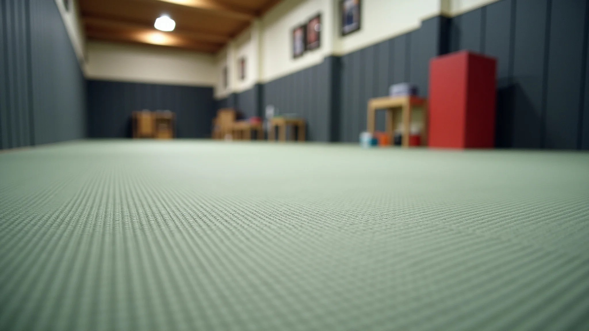Dojo de judô com tatames mostrando diferentes tipos de piso: EVA, borracha e vinil.