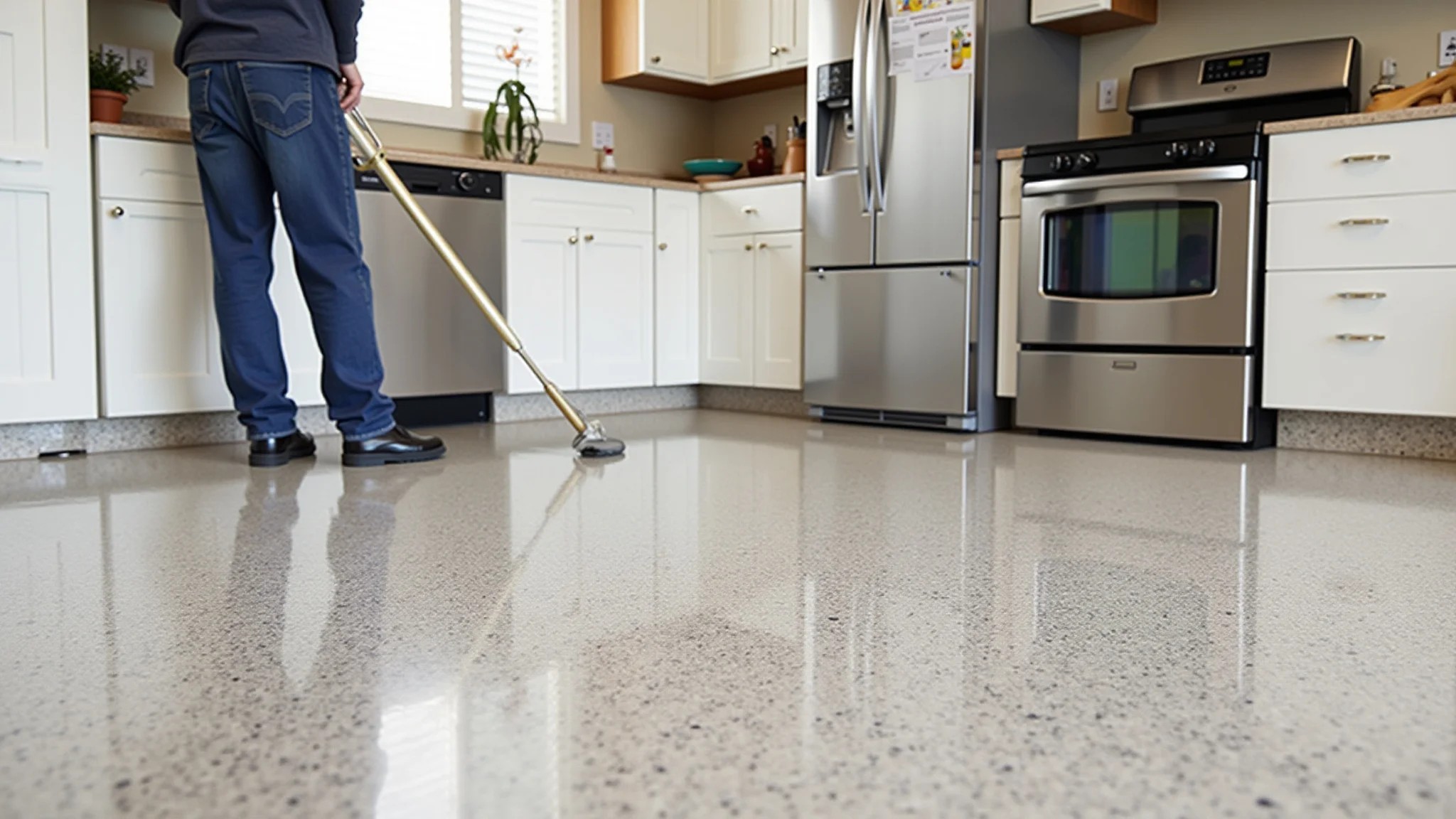 Piso de cozinha sendo impermeabilizado com resina epóxi para proteção.