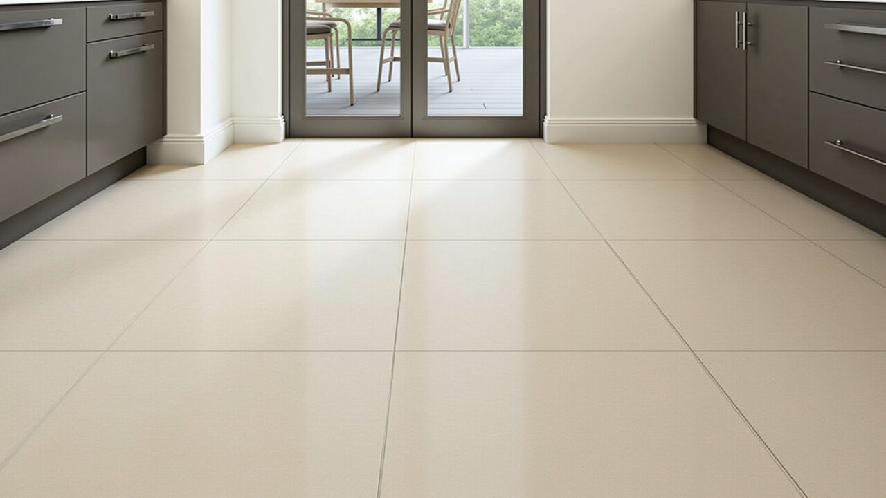 Piso de cozinha com rejunte epóxi entre as peças de porcelanato.