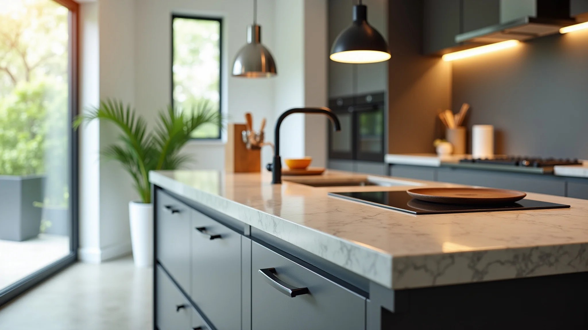 Ilha de cozinha com cooktop e pia, iluminação pendente e bancada de mármore.