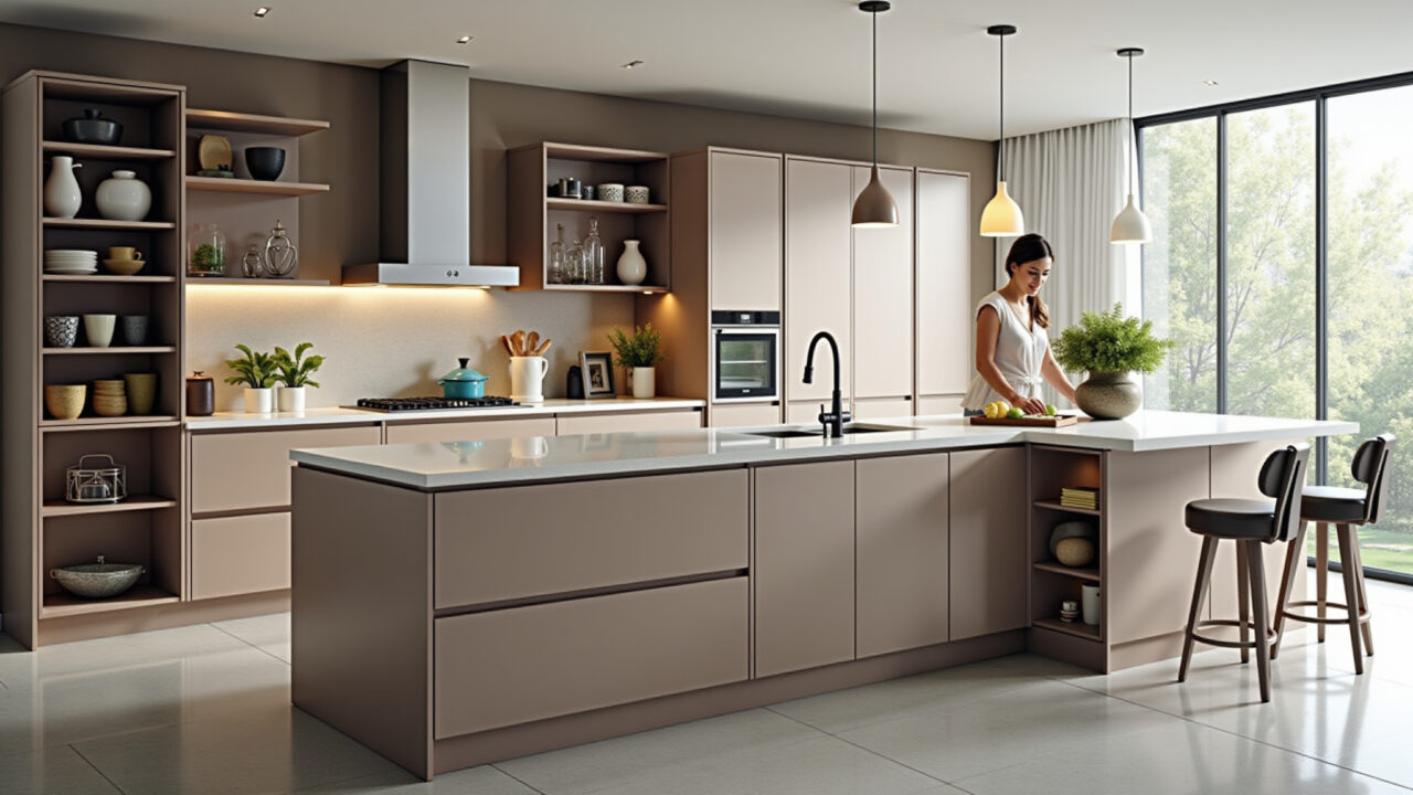 Ilha de cozinha com nichos abertos para expor objetos decorativos.