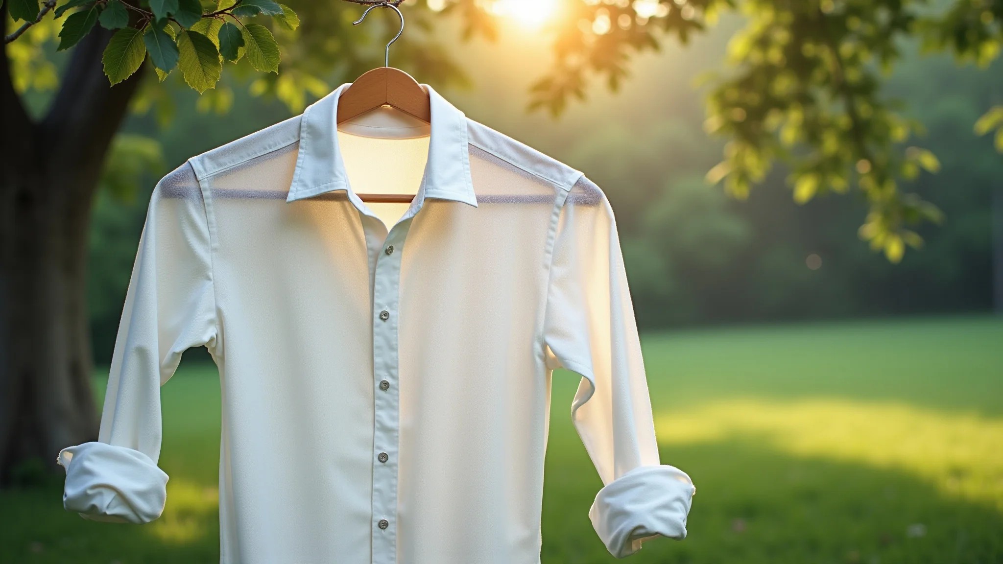 Camisa de linho secando em um cabide em área externa arejada e sombreada.