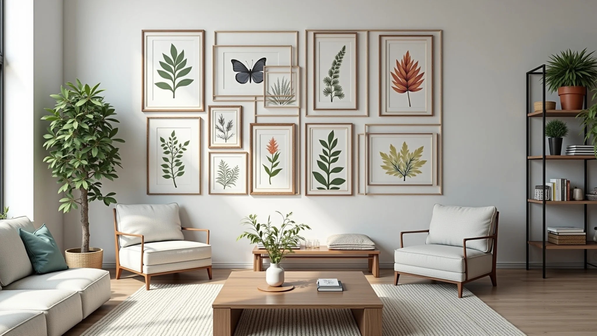 Sala de estar com composição de quadros de natureza.