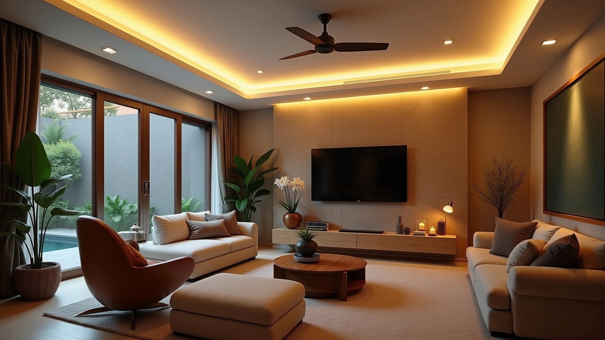 Sala de estar com iluminação indireta por fitas de LED, arte brasileira e elementos naturais.