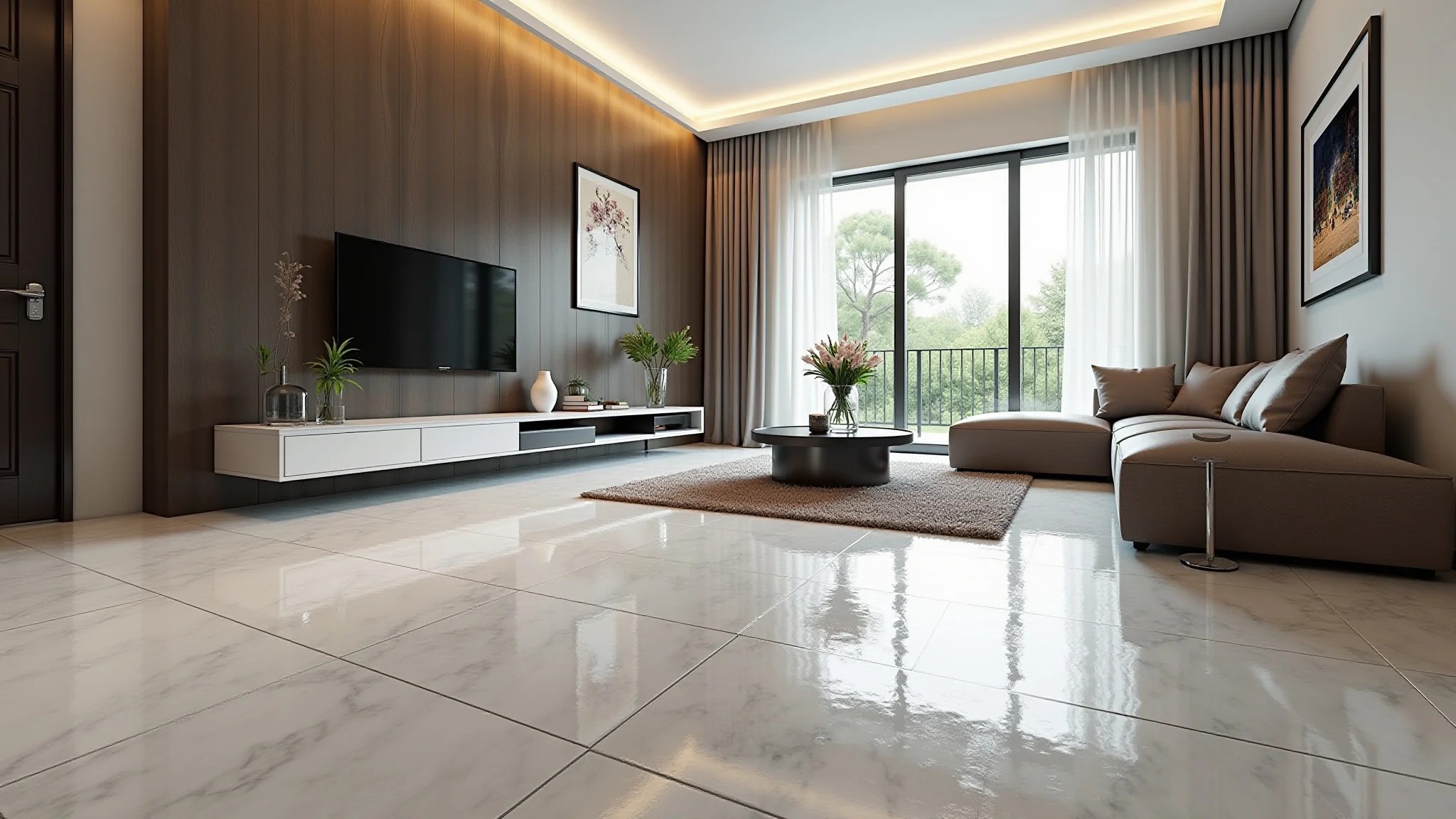 Sala de estar com piso de porcelanato líquido 3D personalizado.