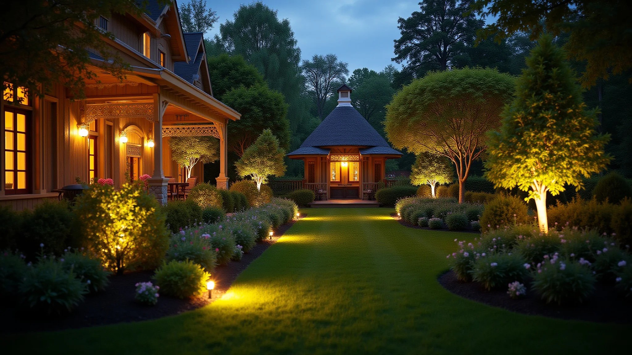 Jardim exuberante iluminado por balizadores ao entardecer, criando atmosfera acolhedora.