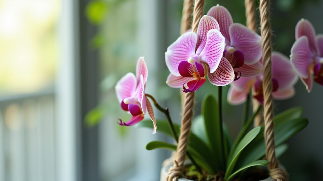 Suporte de macramê para orquídeas com detalhes em contas de vidro.