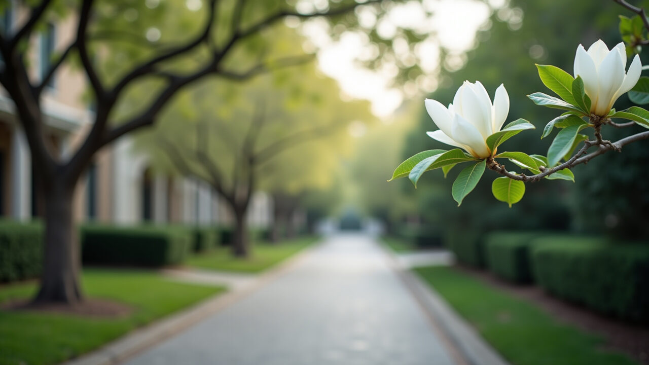 Magnólia com grandes flores brancas em calçada.