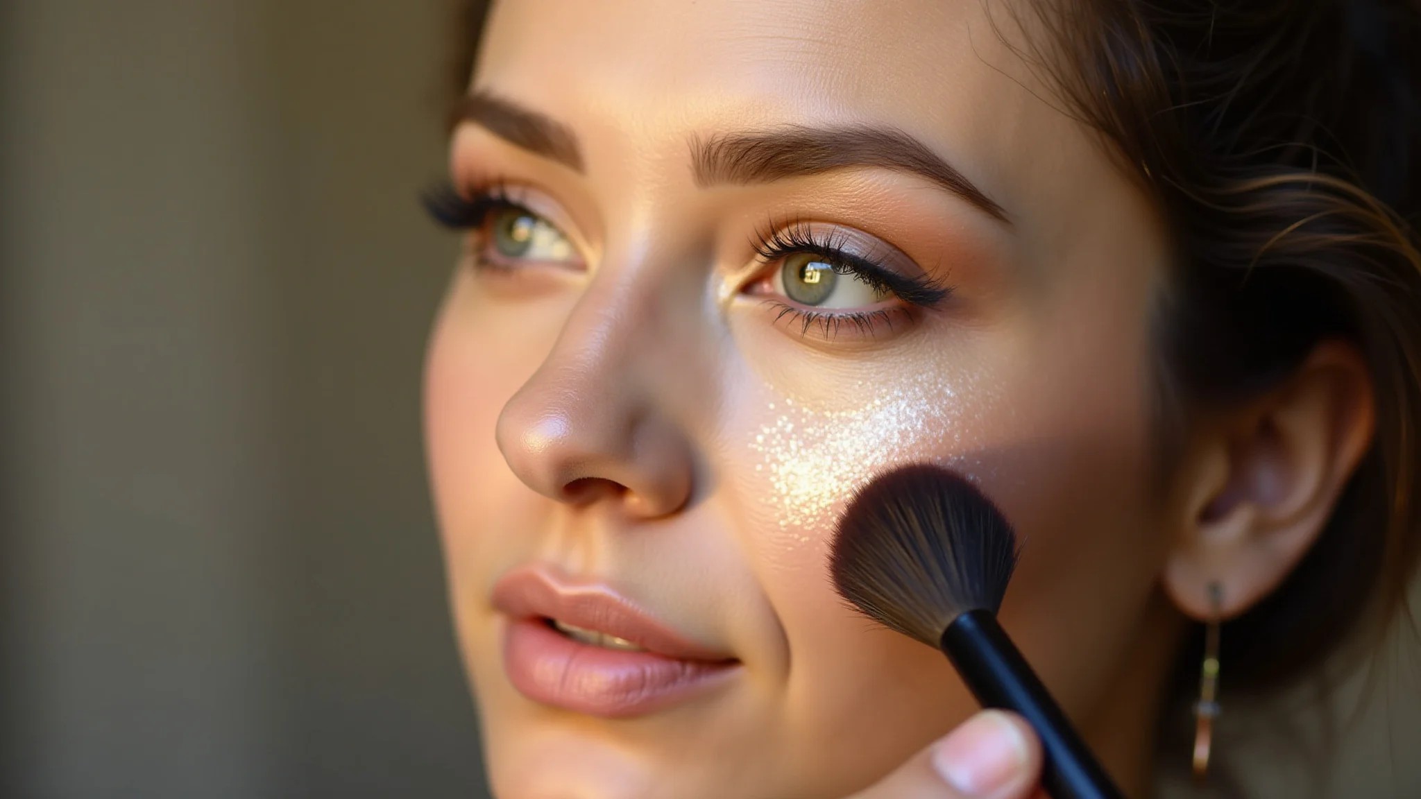 Maquiador aplicando iluminador com pincel para um efeito glow impecável.