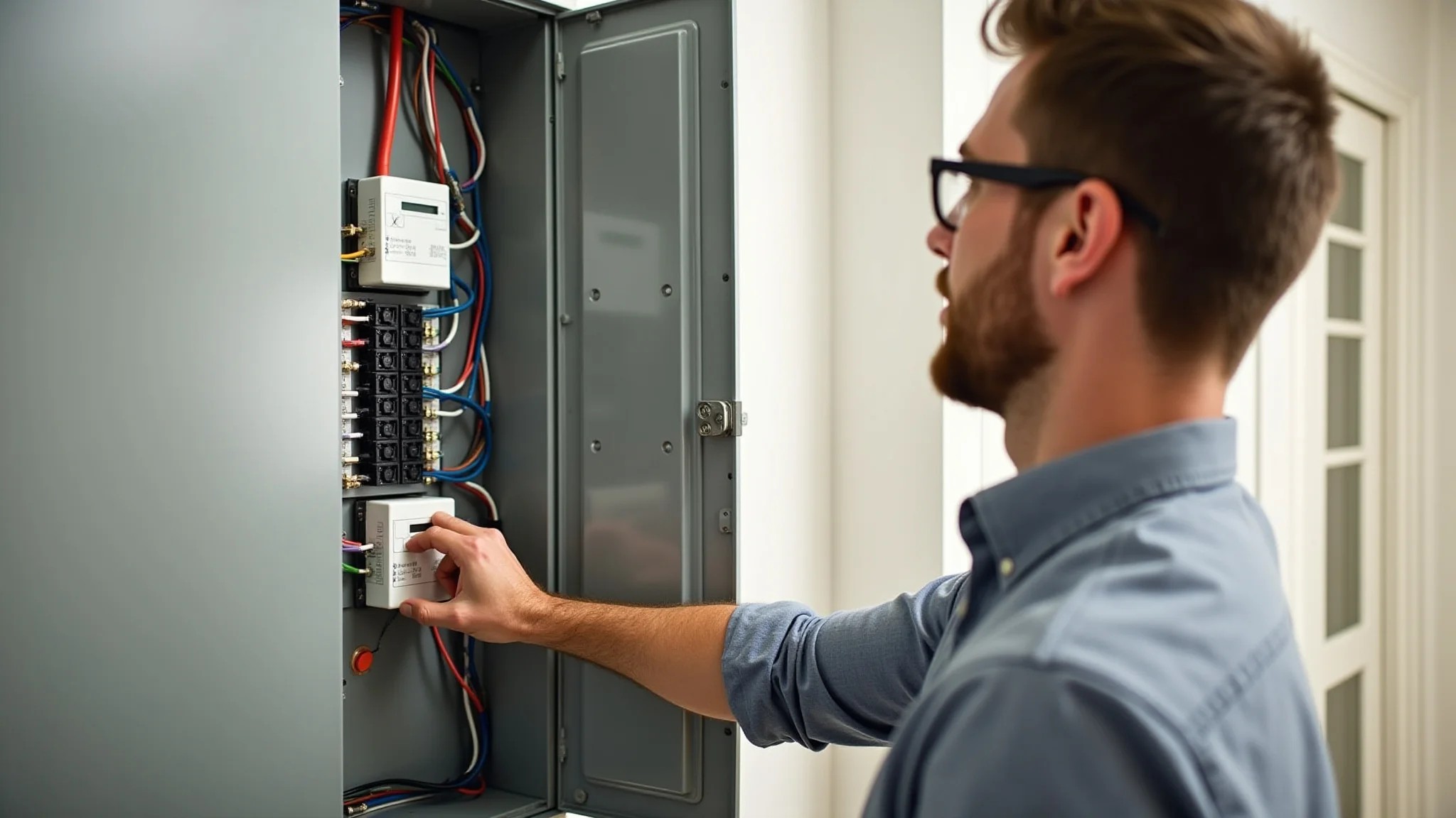 Homem instalando DPS (Dispositivo de Proteção contra Surtos) em um quadro de luz residencial.