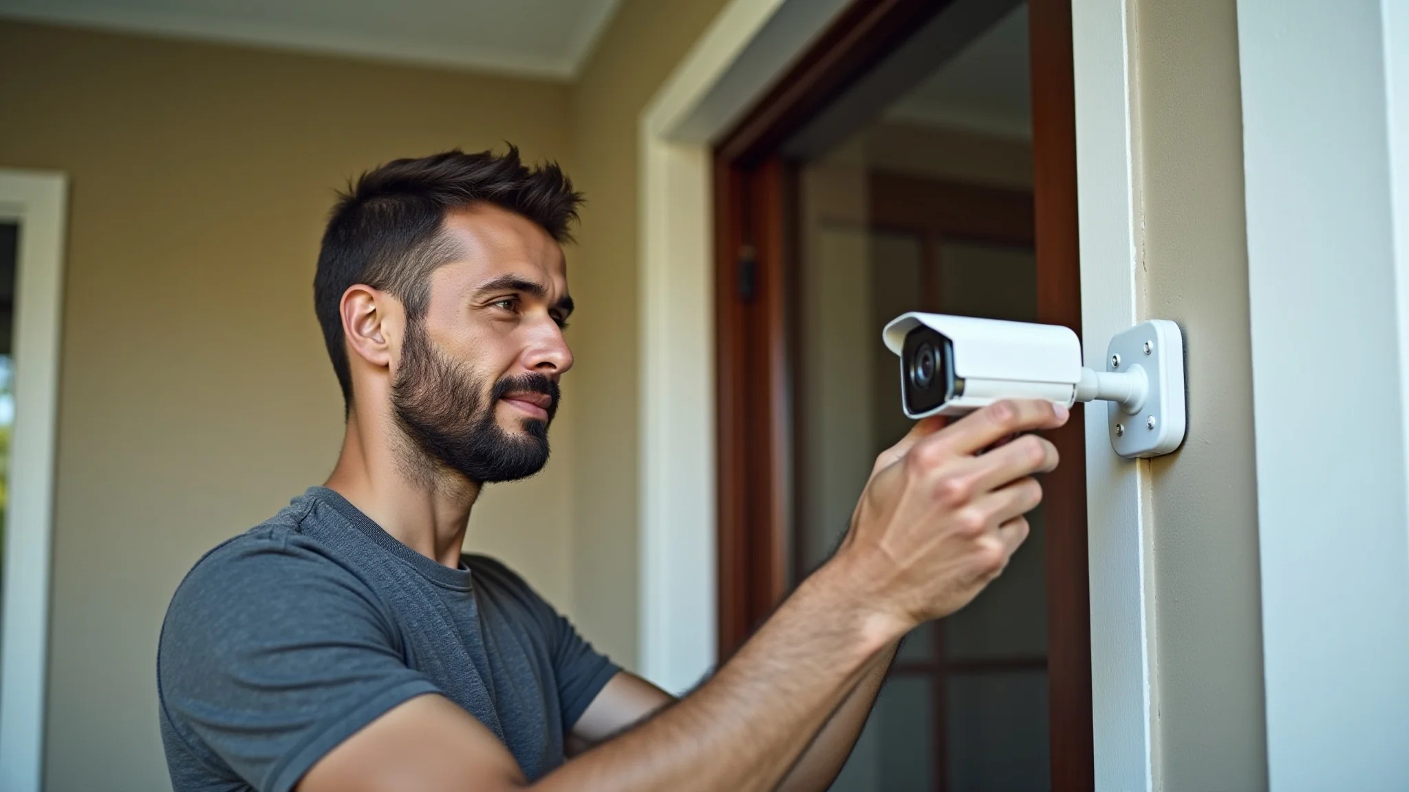 Homem instalando câmera de segurança sem fio na varanda de casa.