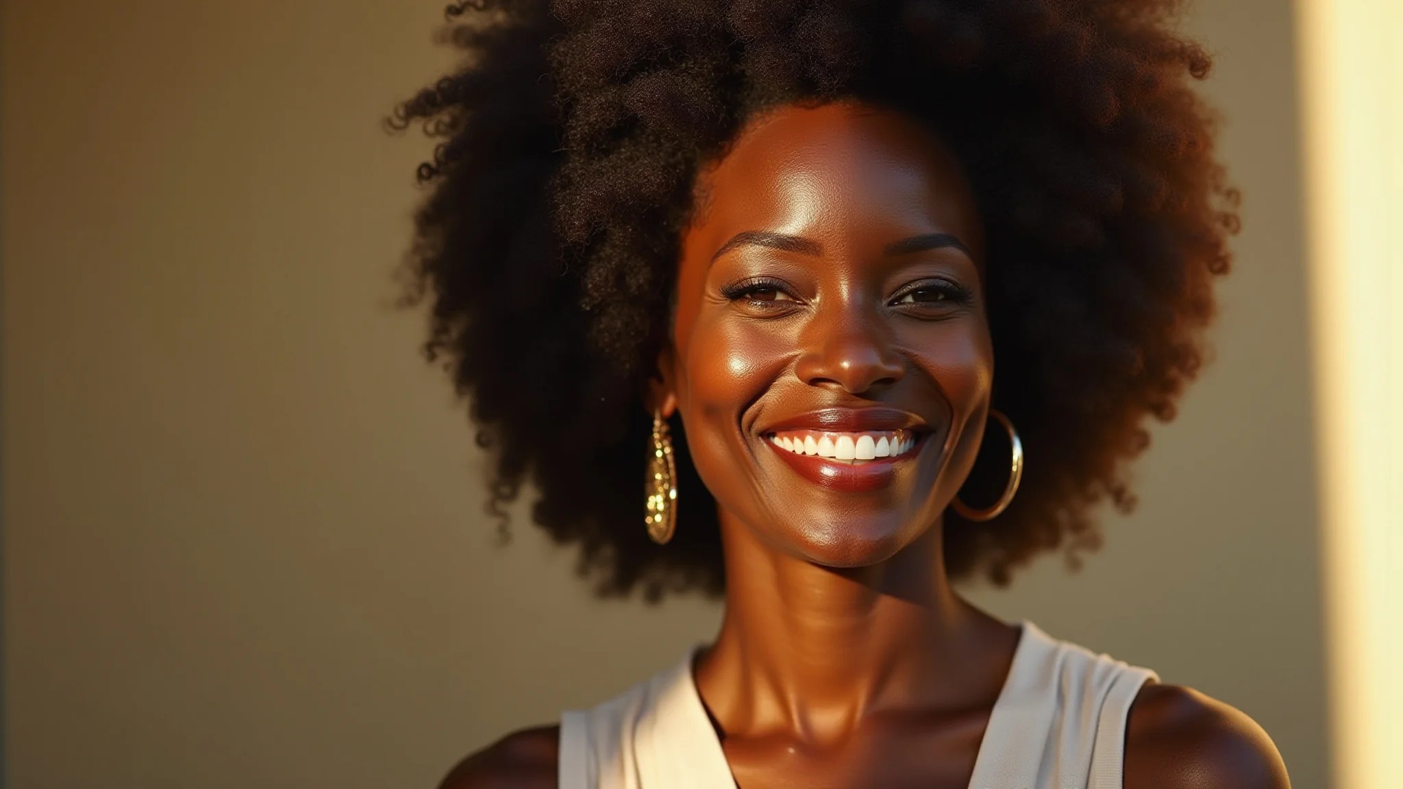 Mulher madura afro-brasileira de pele escura usando batom nude cacau, com um sorriso confiante e iluminação suave.