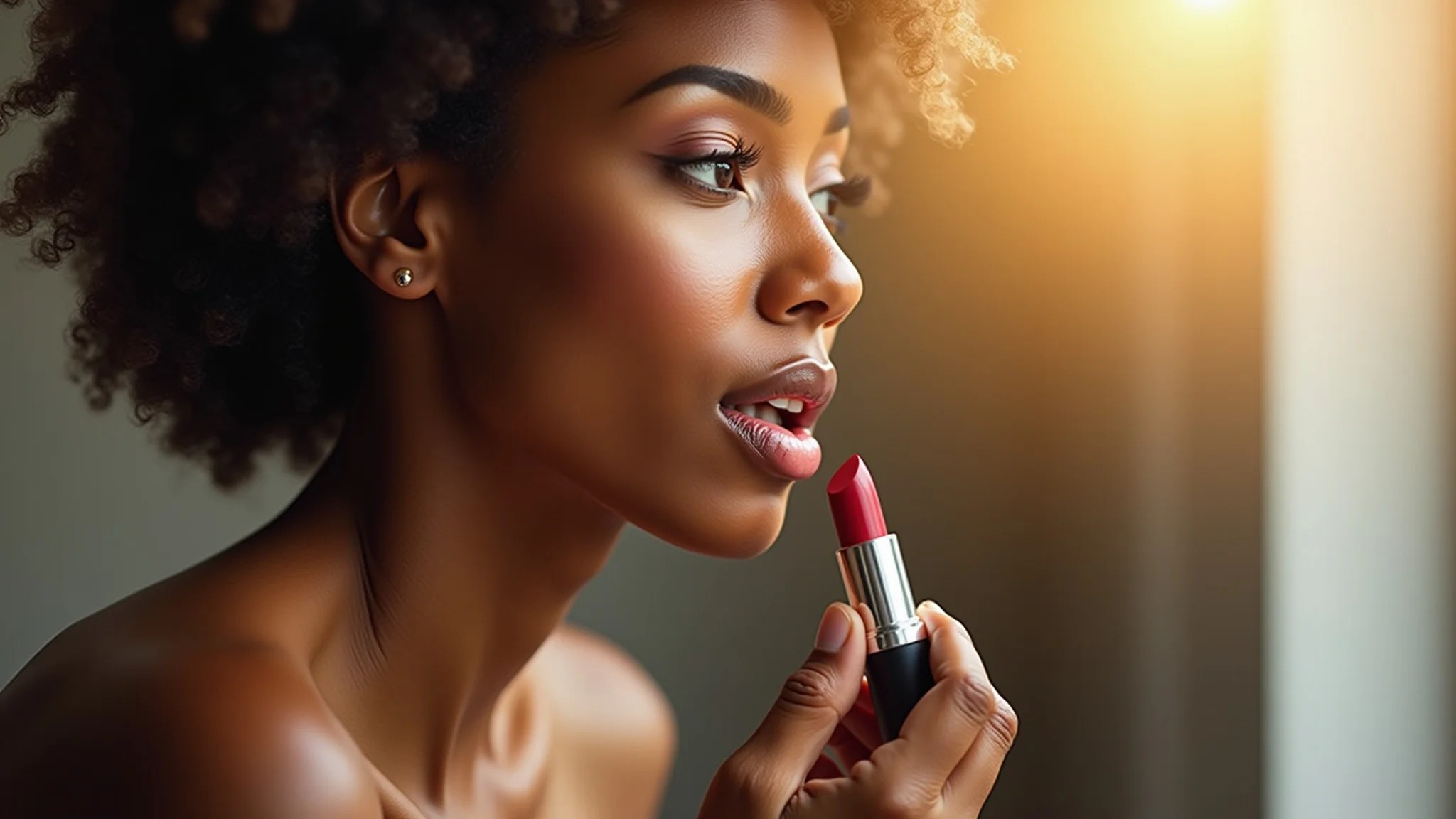 Mulher negra madura aplicando batom com iluminação suave.