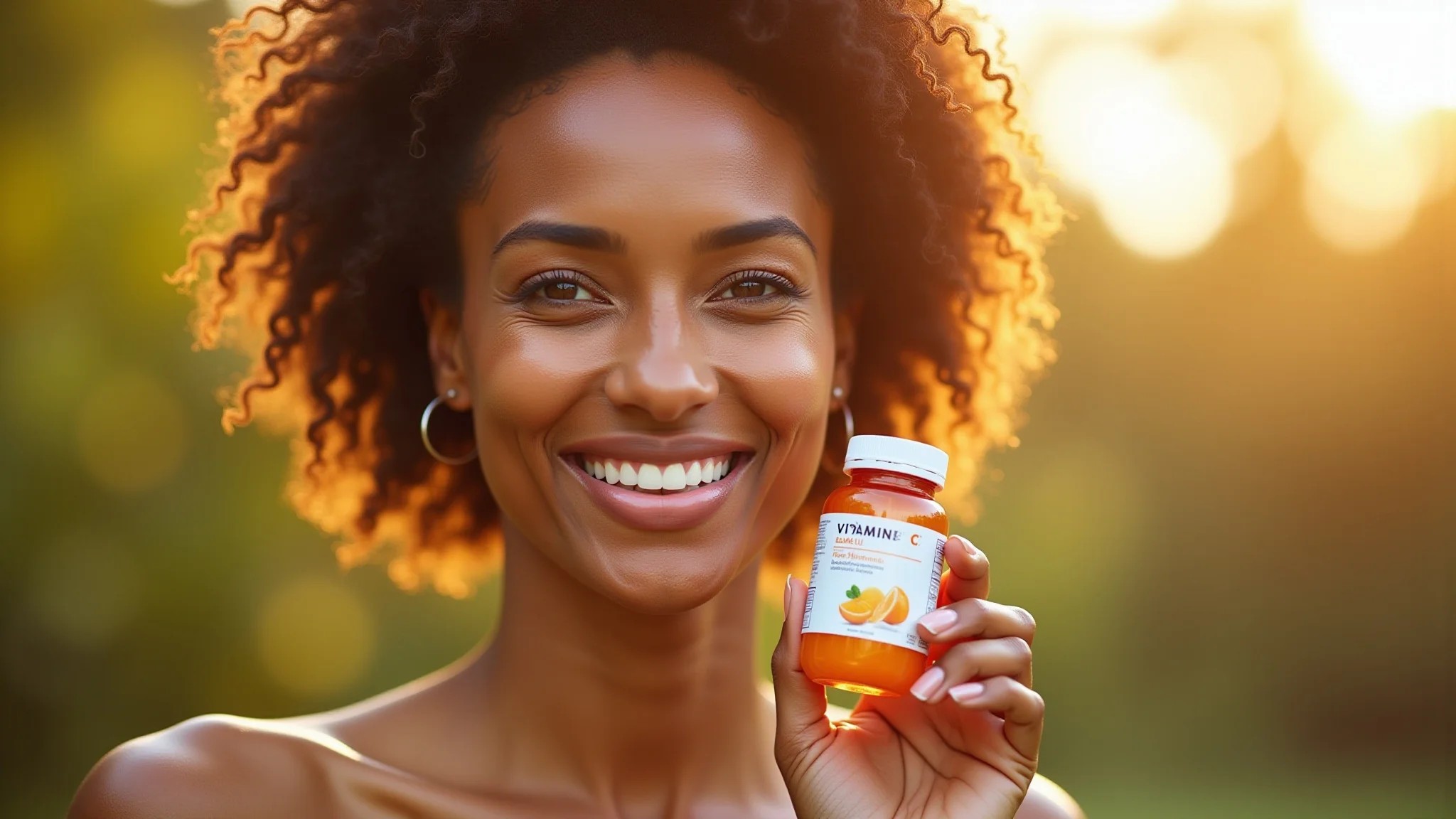 Mulher madura brasileira com pele radiante segurando produto de Vitamina C.