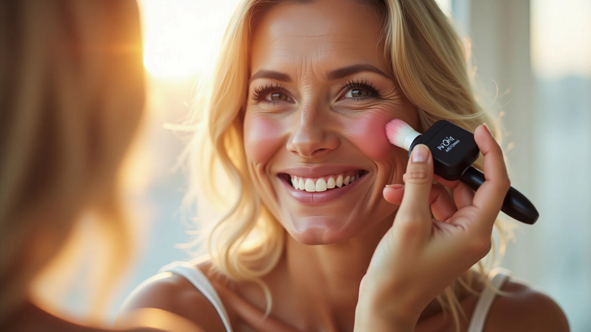 Mulher madura aplicando blush, pele saudável e radiante, maquiagem natural.