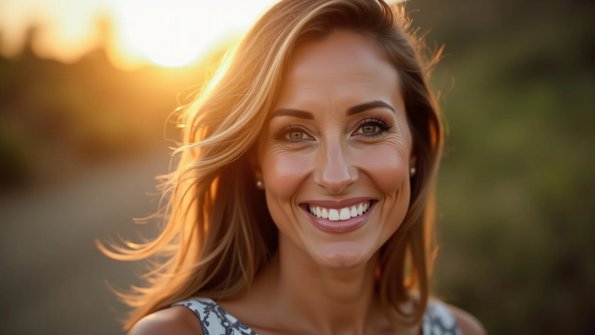 Mulher madura com maquiagem radiante e sorriso confiante, traços brasileiros.