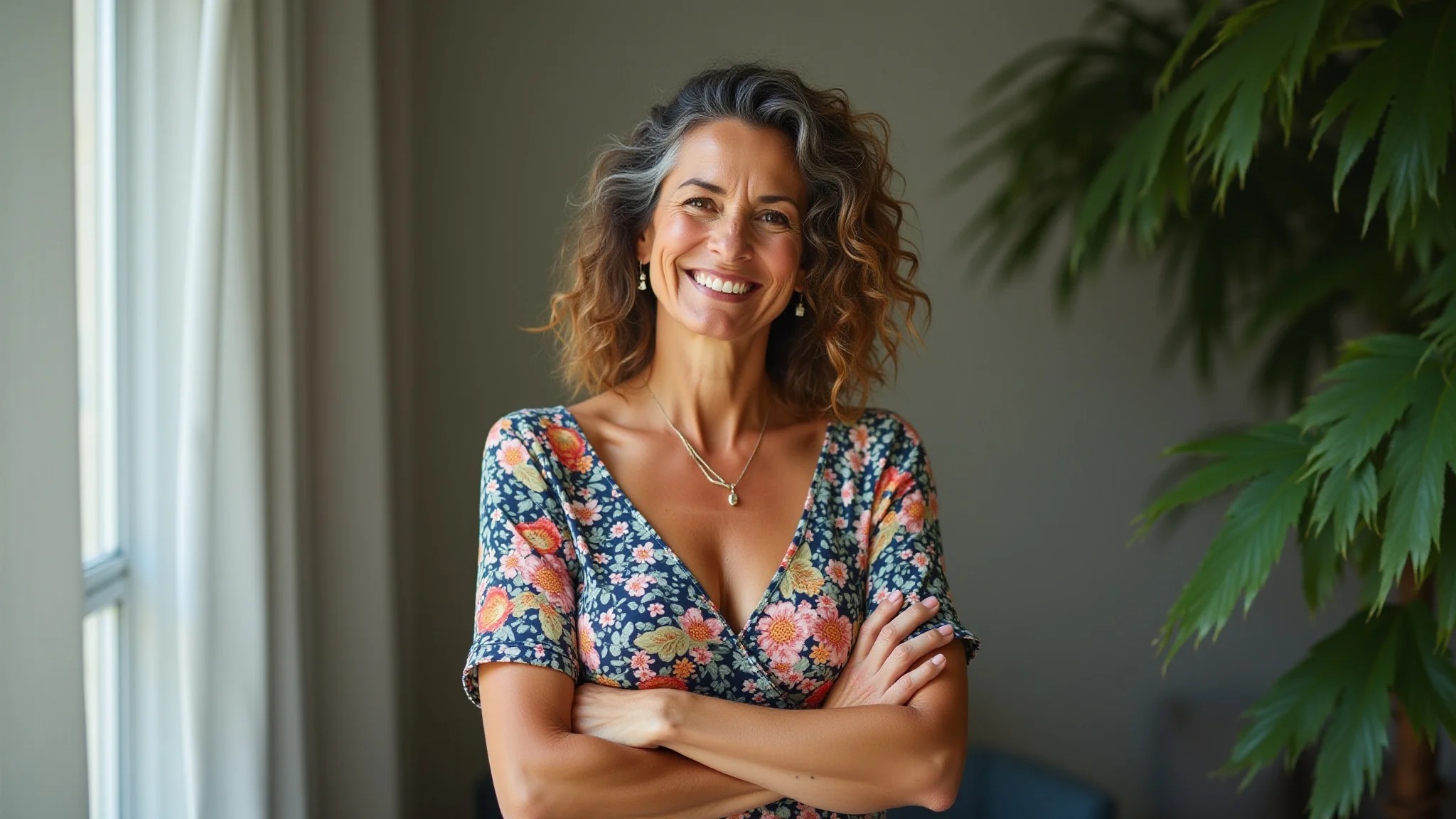Mulher brasileira confiante com vestido moderno de estampa floral e cores vibrantes.