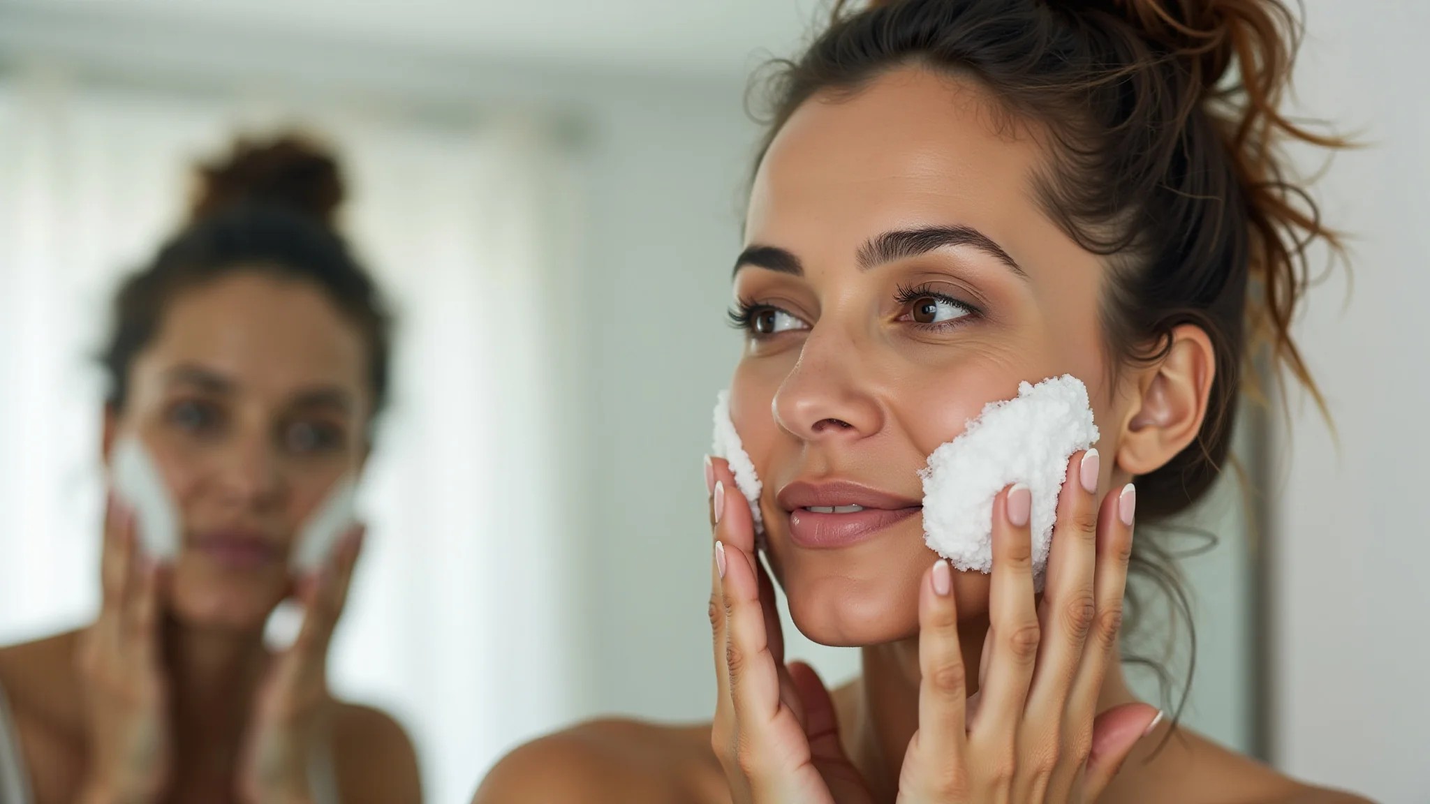 Mulher brasileira de meia-idade aplicando sabonete facial em banheiro moderno.
