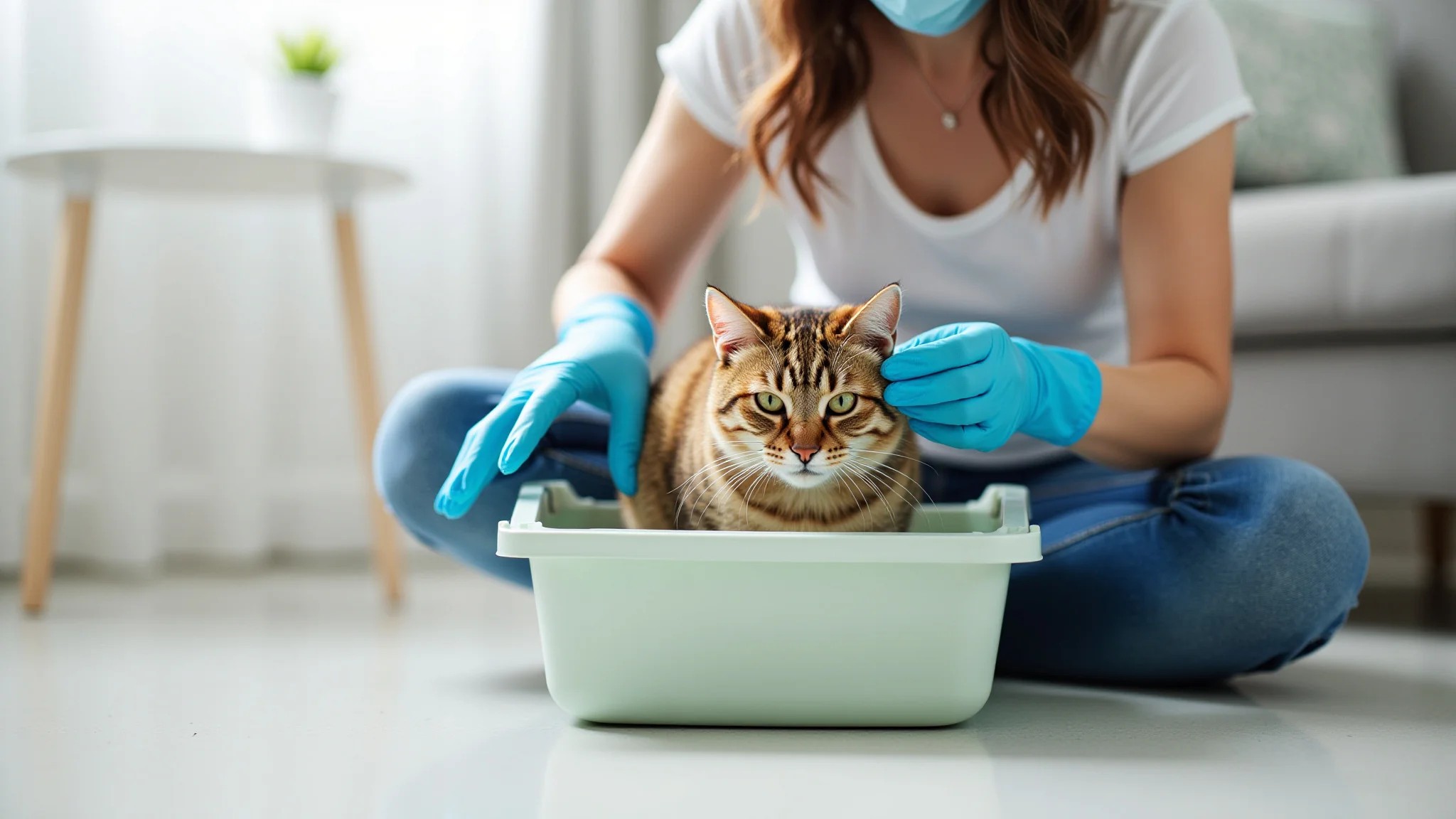 Mulher de meia idade limpando caixa de areia do gato com luvas e máscara.