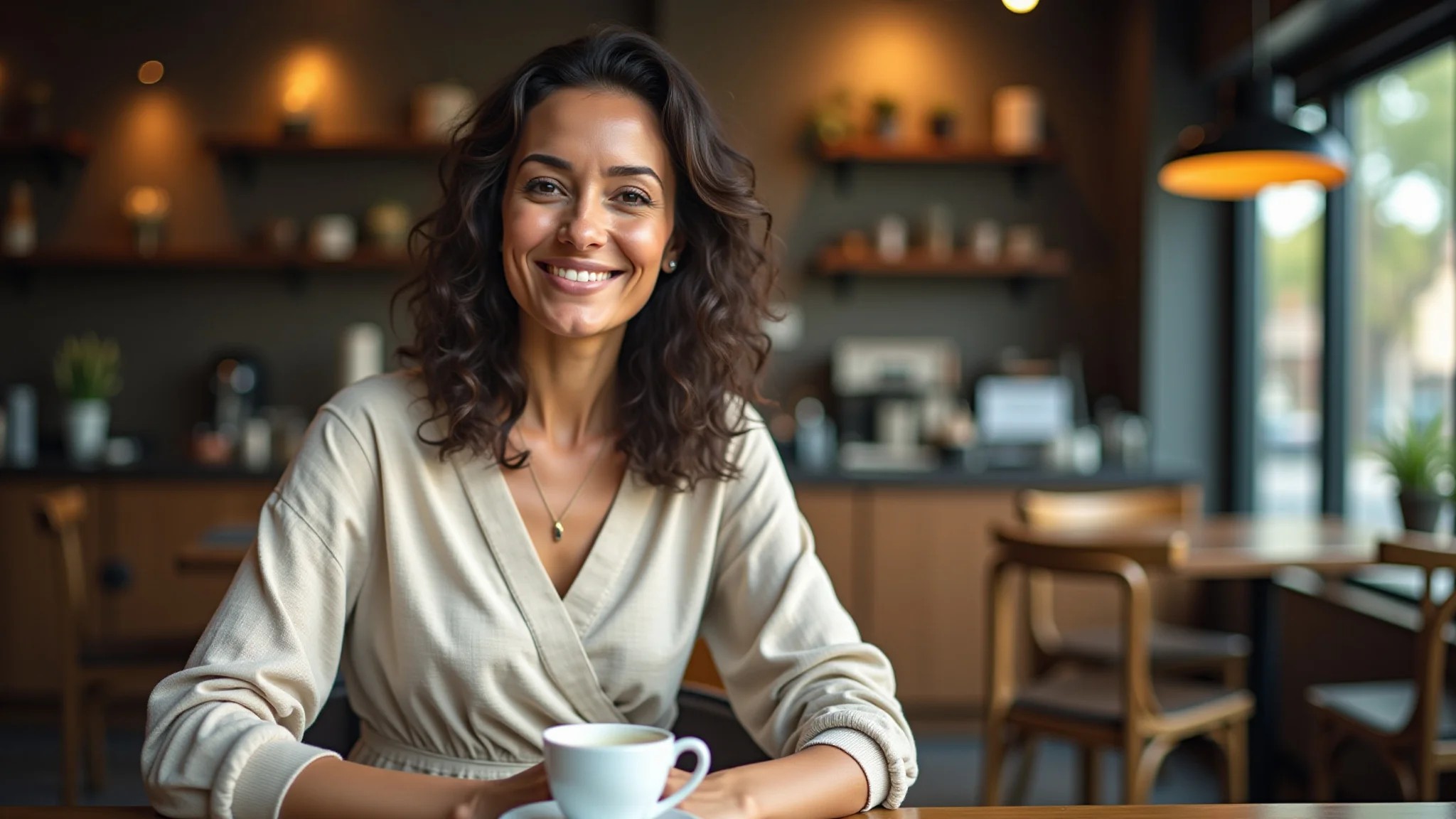 Mulher de meia-idade em vestido envelope de linho, sentada em café aconchegante com café brasileiro.