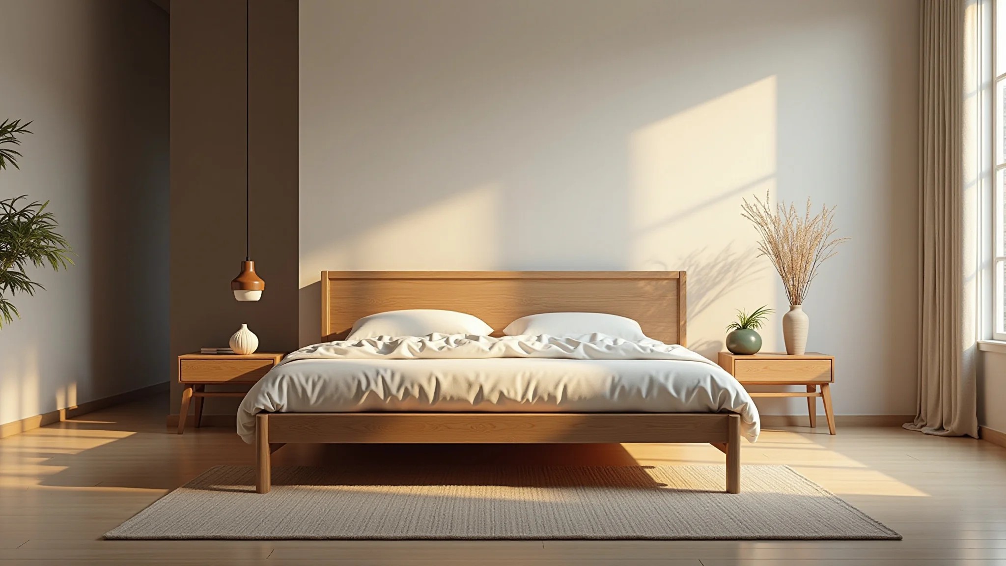 Quarto minimalista com estrutura de cama feita de madeira de eucalipto.