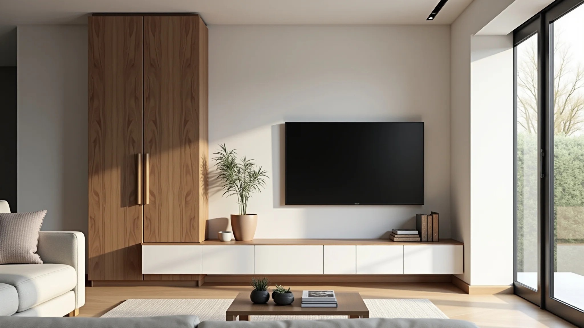 Sala minimalista com painel de TV de madeira e design clean.