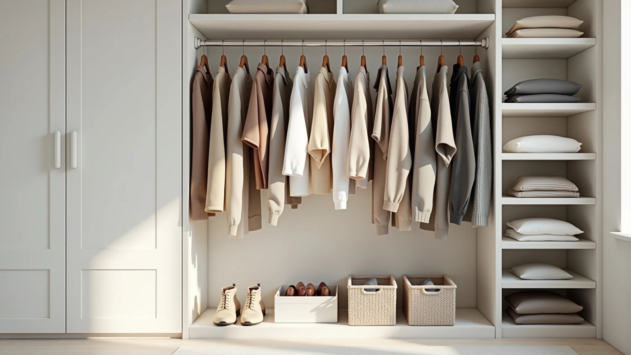 Guarda-roupa minimalista organizado por tipo e cor, com roupas em tons neutros.