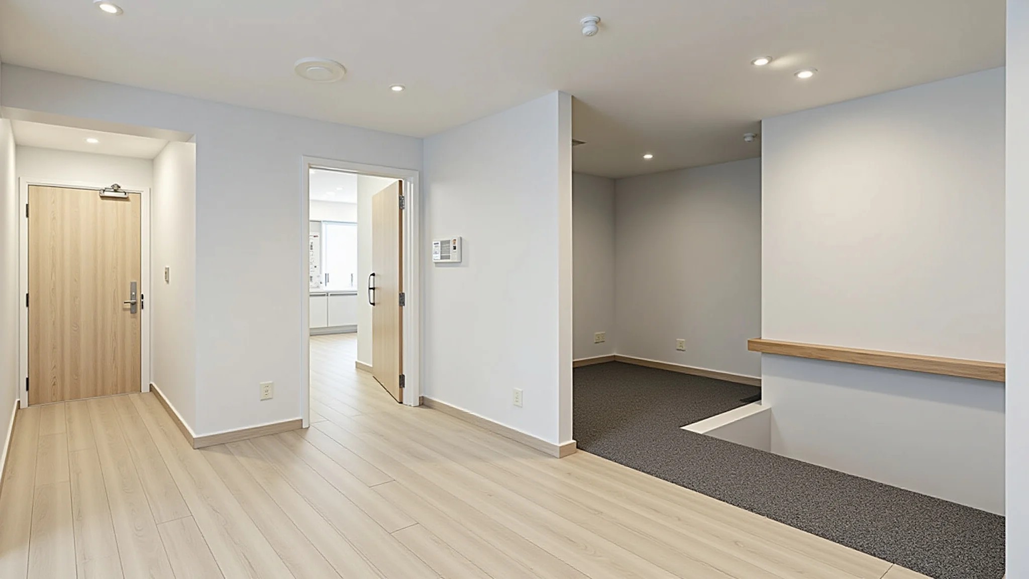 Reforma de apartamento moderno com recursos de acessibilidade, como rampas e portas largas.