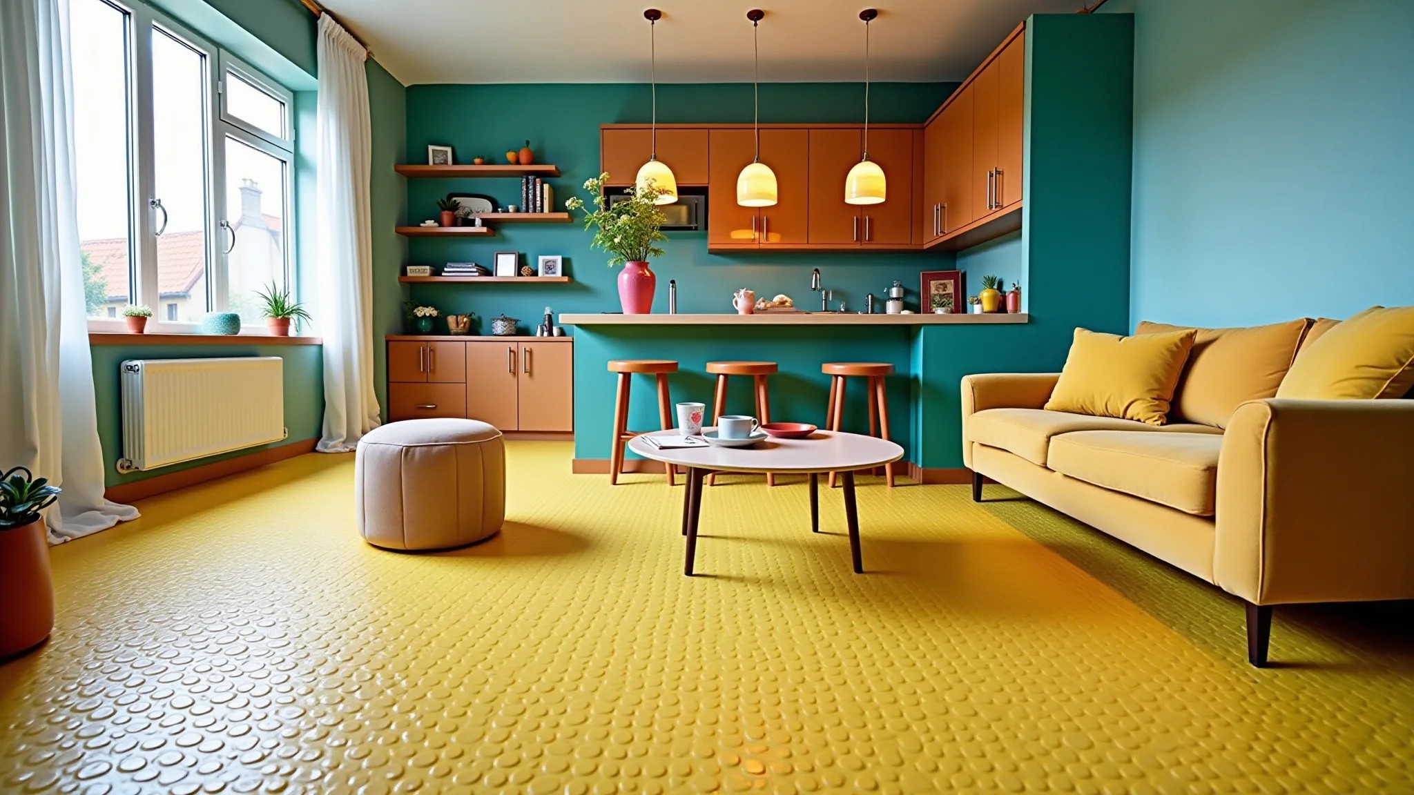 Apartamento moderno com piso de plástico reciclado, cores vibrantes e design sustentável.