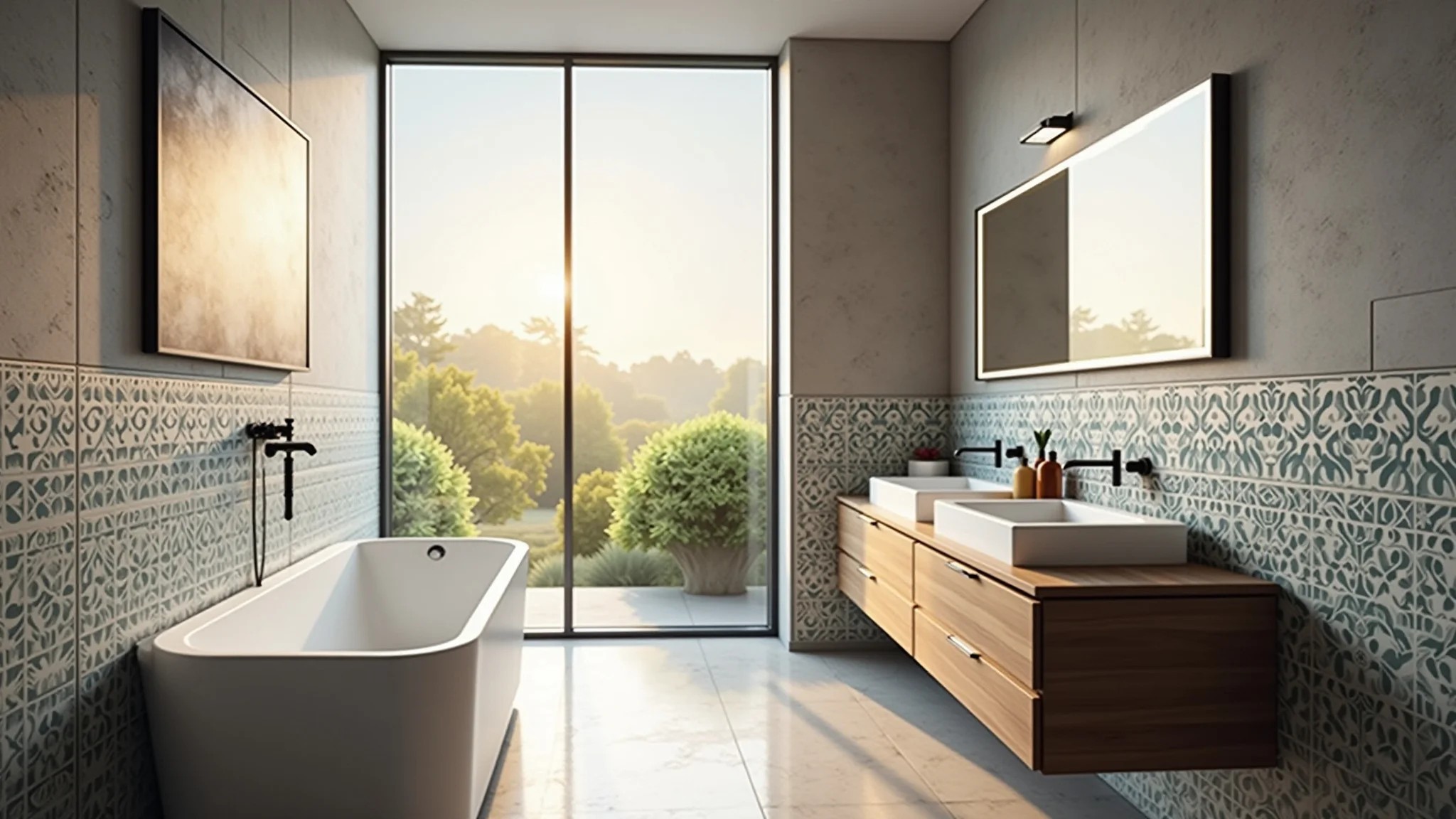 Banheiro moderno com design minimalista criado com adesivos de azulejo.