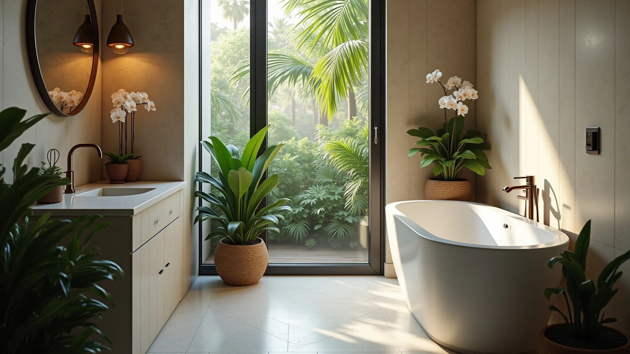 Banheiro moderno com plantas tropicais e orquídeas, iluminação brilhante.