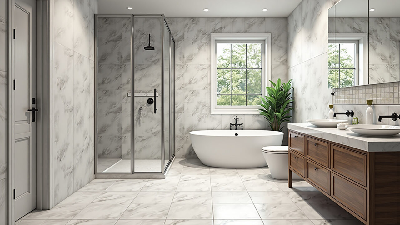 Banheiro moderno com porcelanato esmaltado imitando mármore.