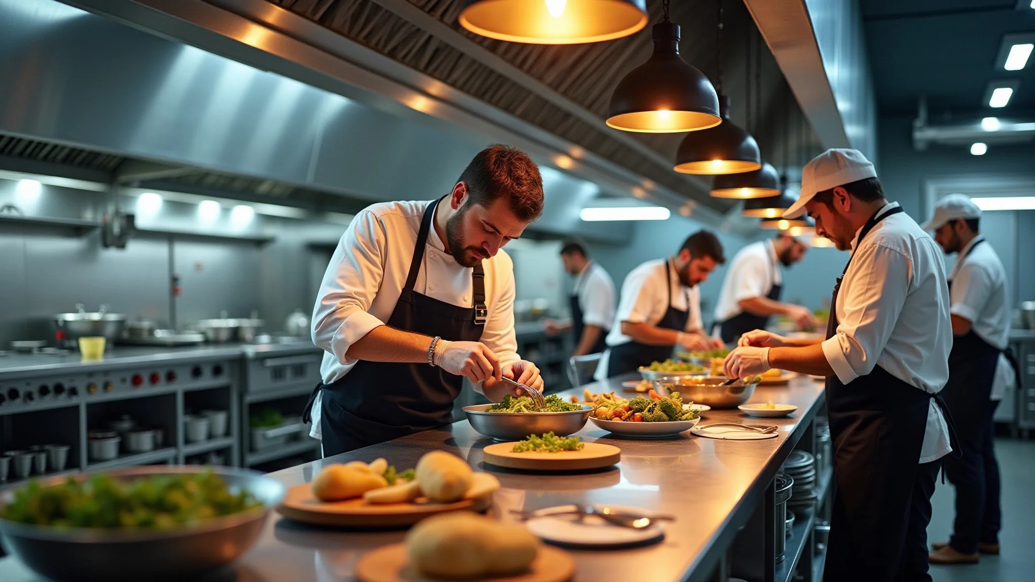 Chefs brasileiros em cozinha industrial moderna e equipada
