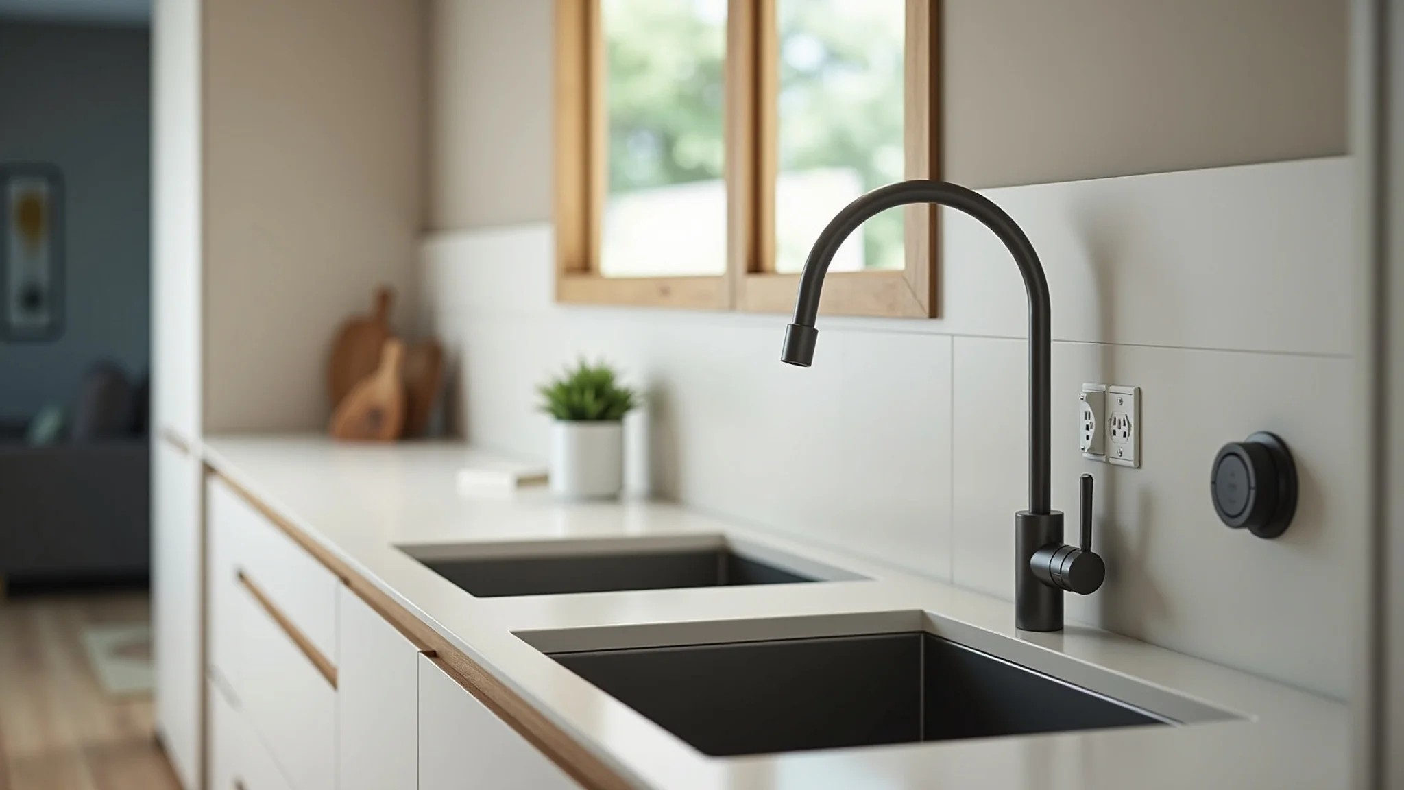 Cozinha moderna brasileira com tomadas elétricas instaladas corretamente.
