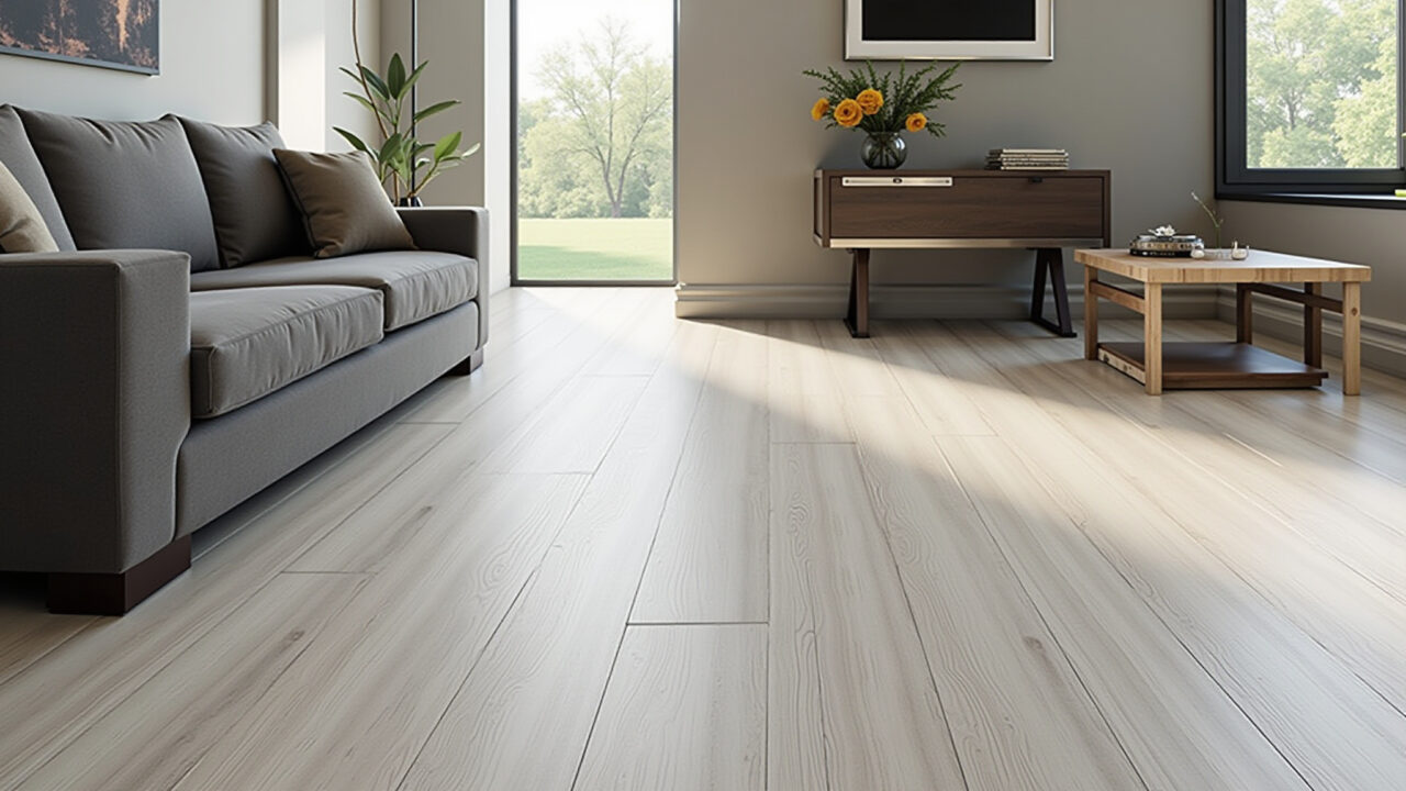 Sala de estar moderna com porcelanato esmaltado cinza claro.