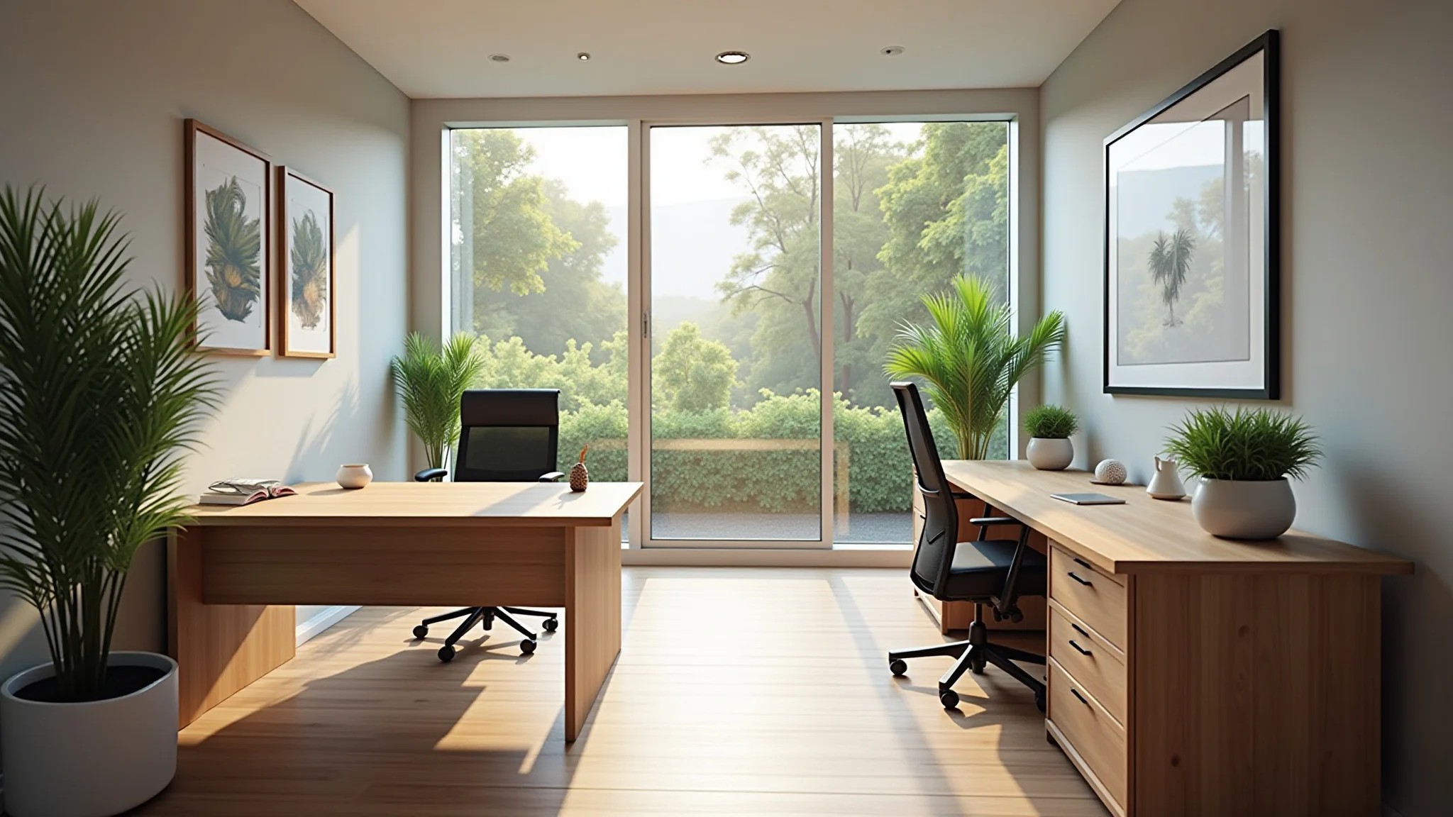 Escritório container moderno com mesa de madeira, cadeira ergonômica e iluminação natural.
