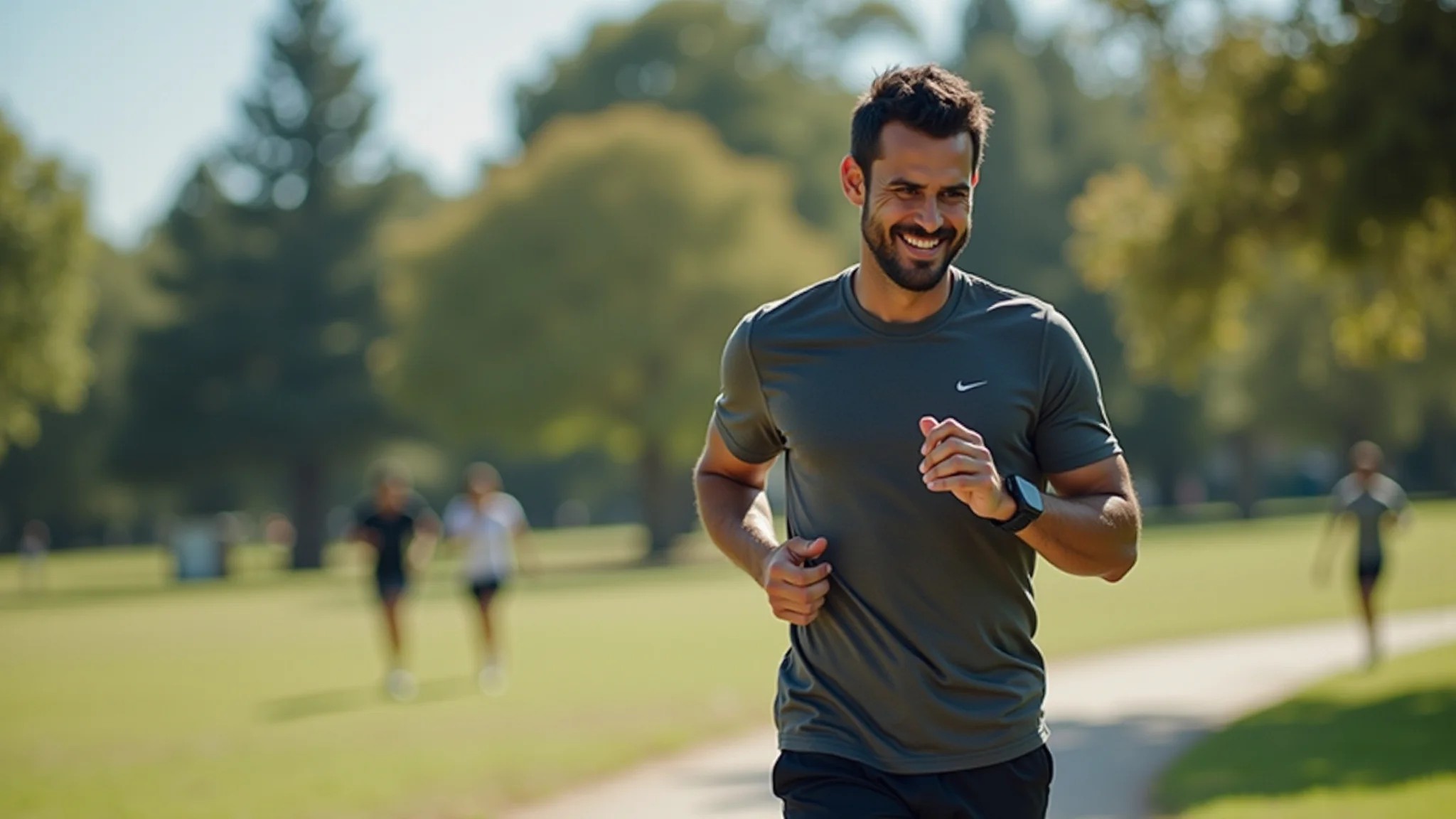 Pai moderno usando smartwatch novo enquanto corre no Parque Ibirapuera.