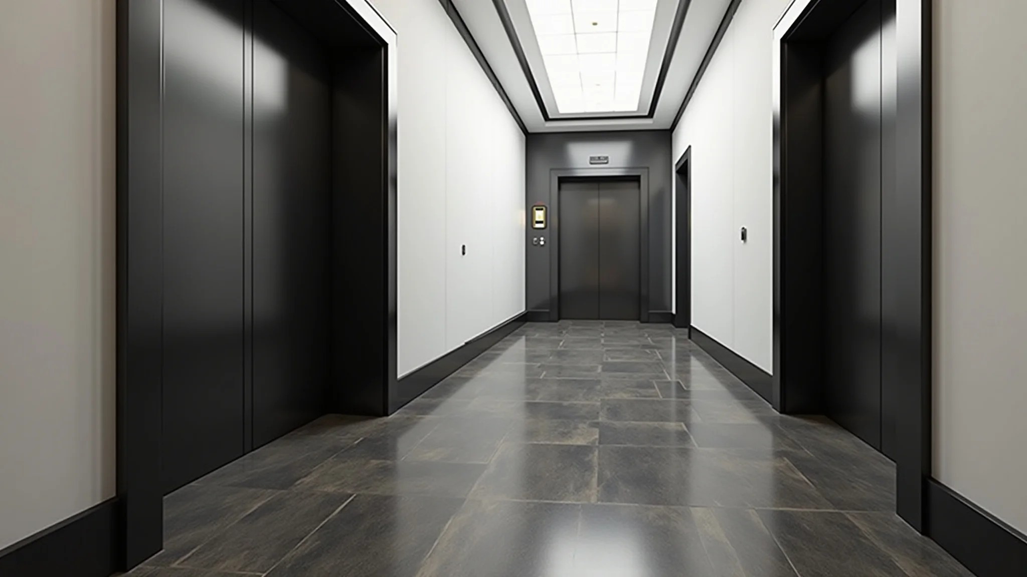 Hall de elevador moderno com piso de porcelanato escuro, design minimalista e iluminação clara e uniforme.