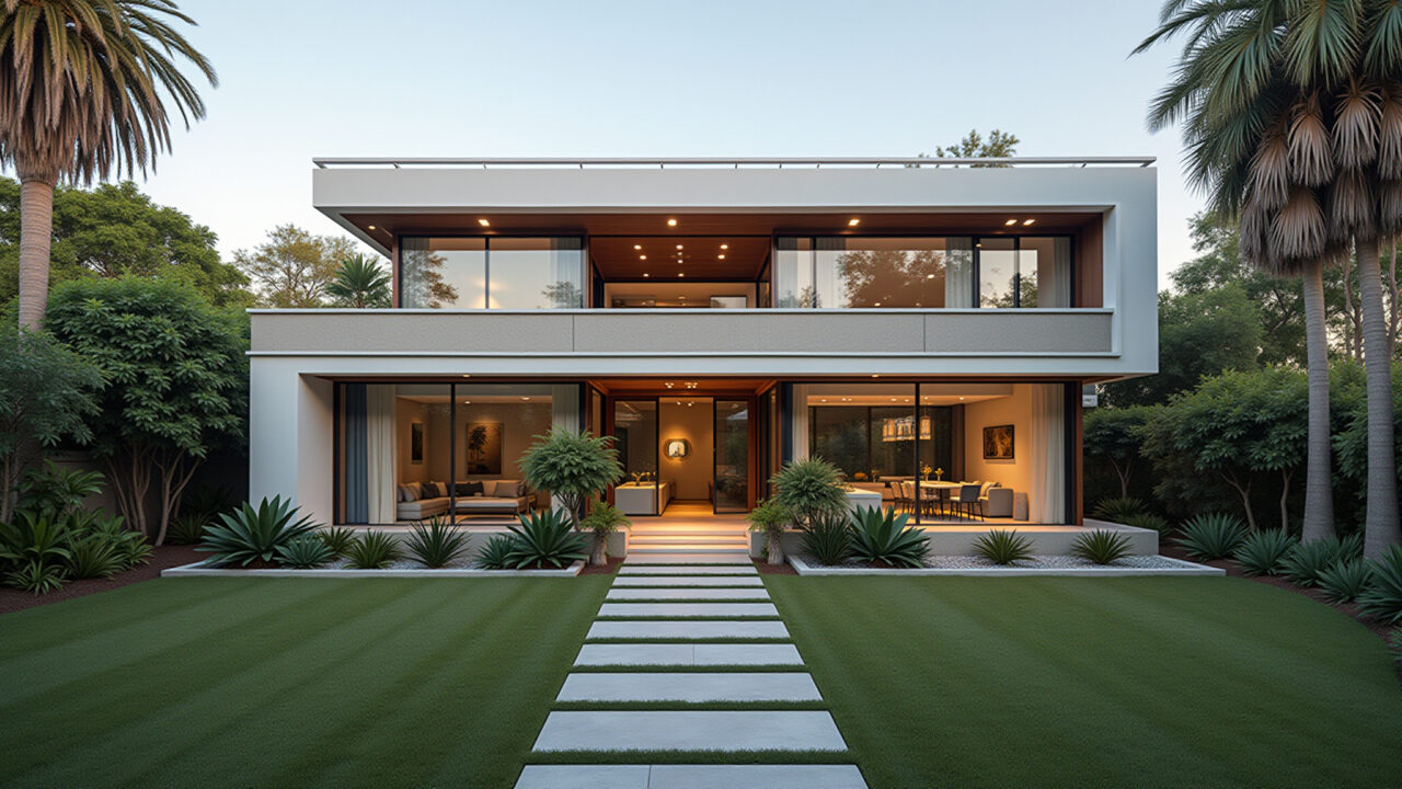 Fachada moderna de casa com jardim de plantas brasileiras.