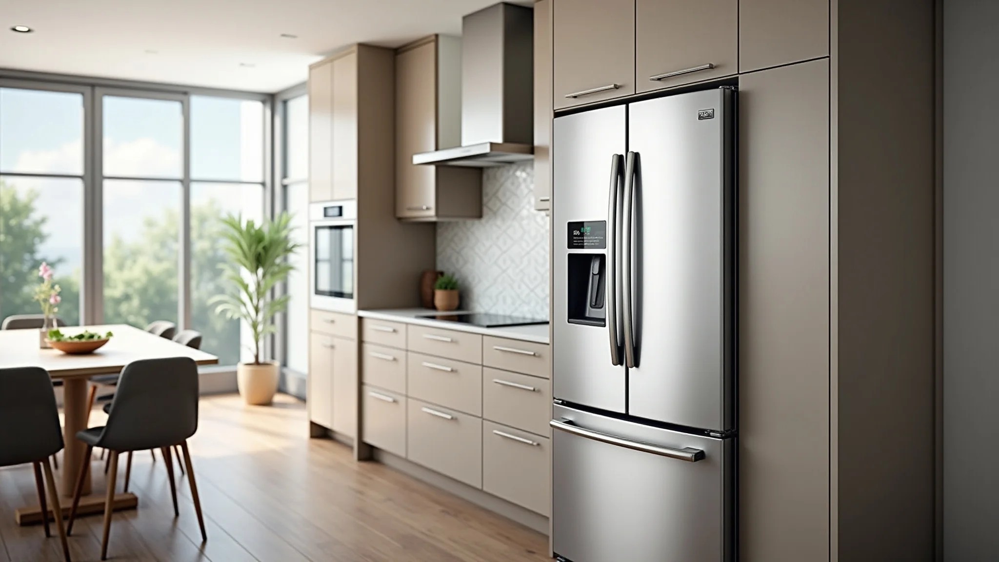 Cozinha moderna com geladeira side by side integrada a um sistema de casa inteligente.