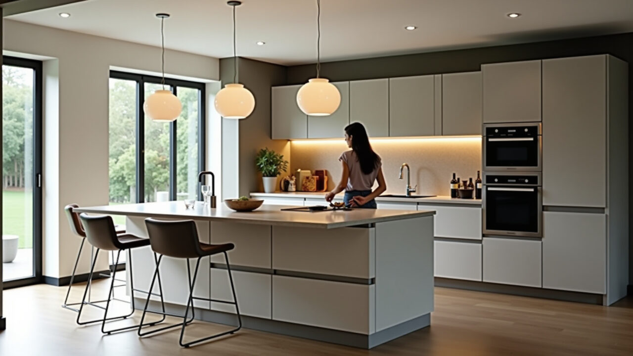 Ilha de cozinha moderna com bancada extensível e decoração brasileira.
