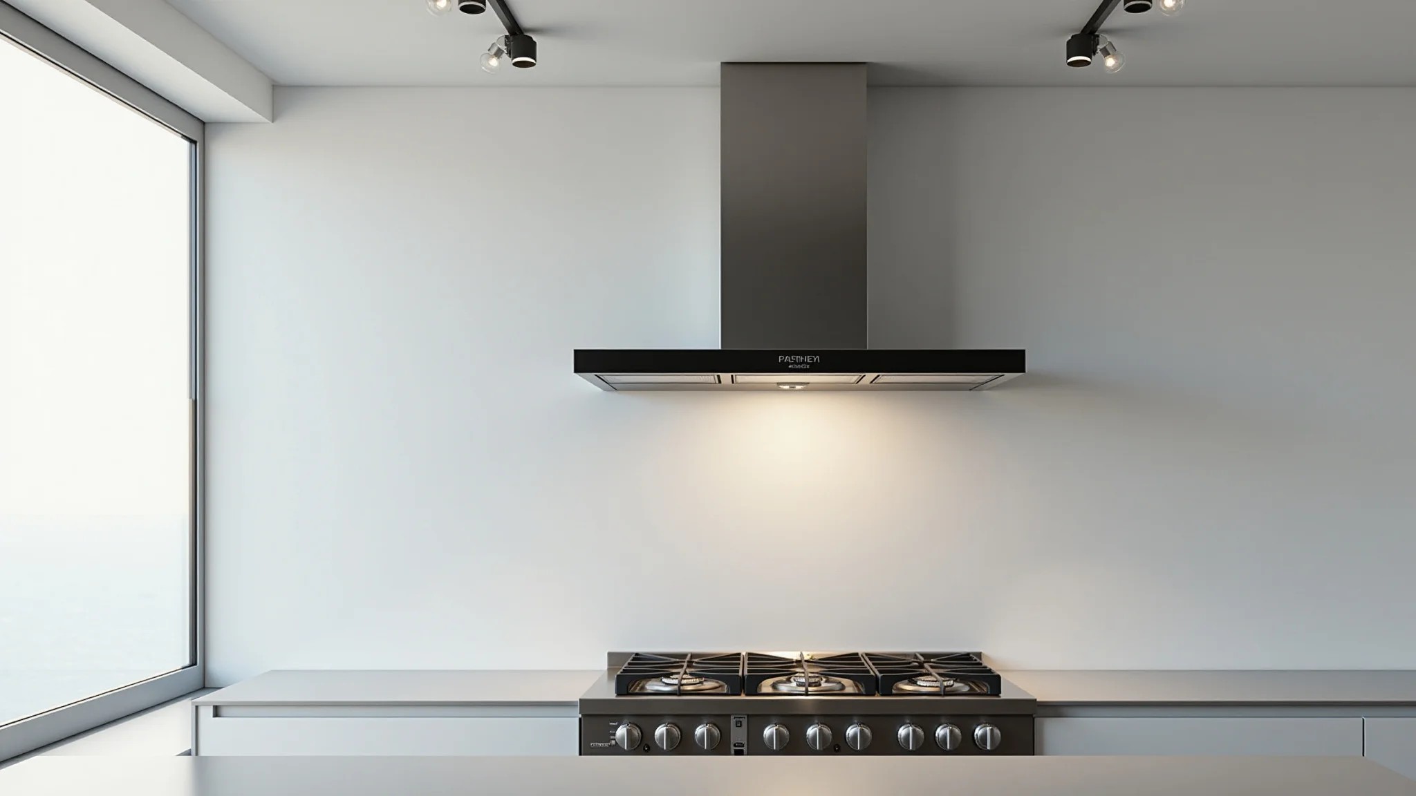 Coifa de parede de aço inoxidável instalada sobre fogão a gás em cozinha moderna.