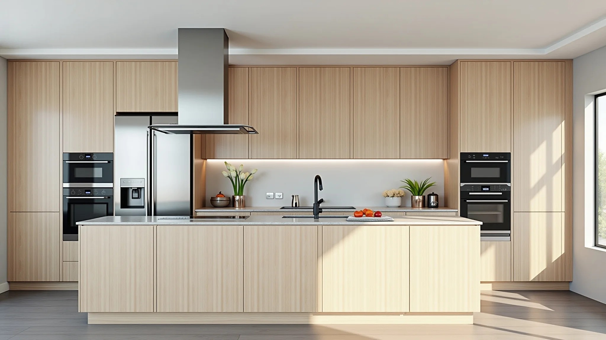 Cozinha moderna com design minimalista, armários de madeira clara e eletrodomésticos de aço inoxidável.
