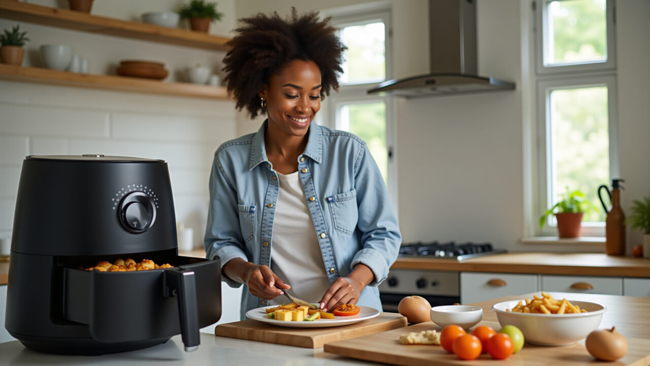 Mulher usando air fryer moderna em cozinha bem iluminada.