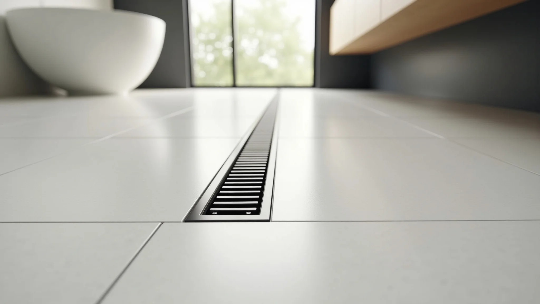 Ralo linear moderno instalado no piso de um banheiro brasileiro claro e limpo.