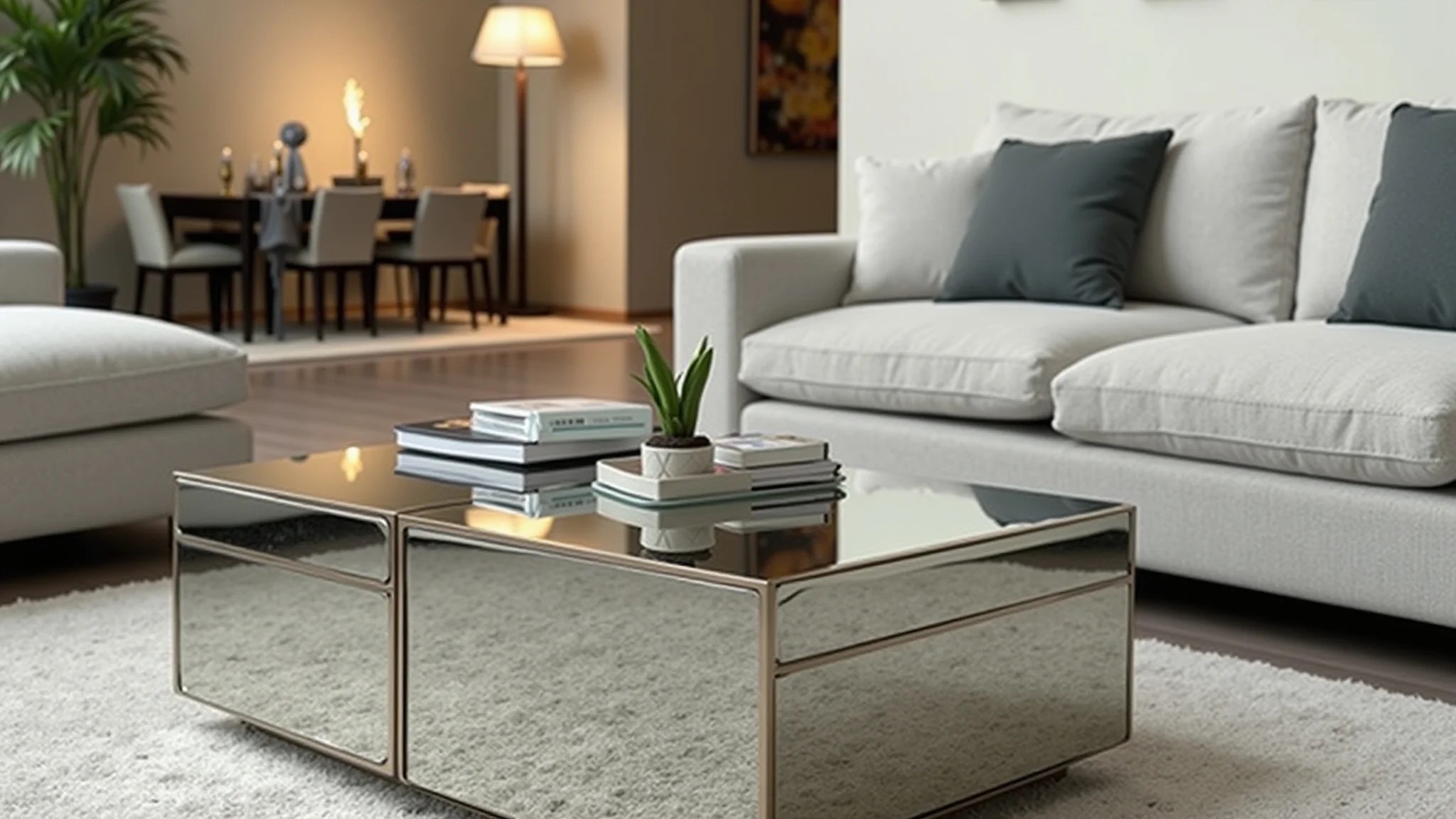 Sala moderna com mesa de centro espelhada, cores neutras e design brasileiro.